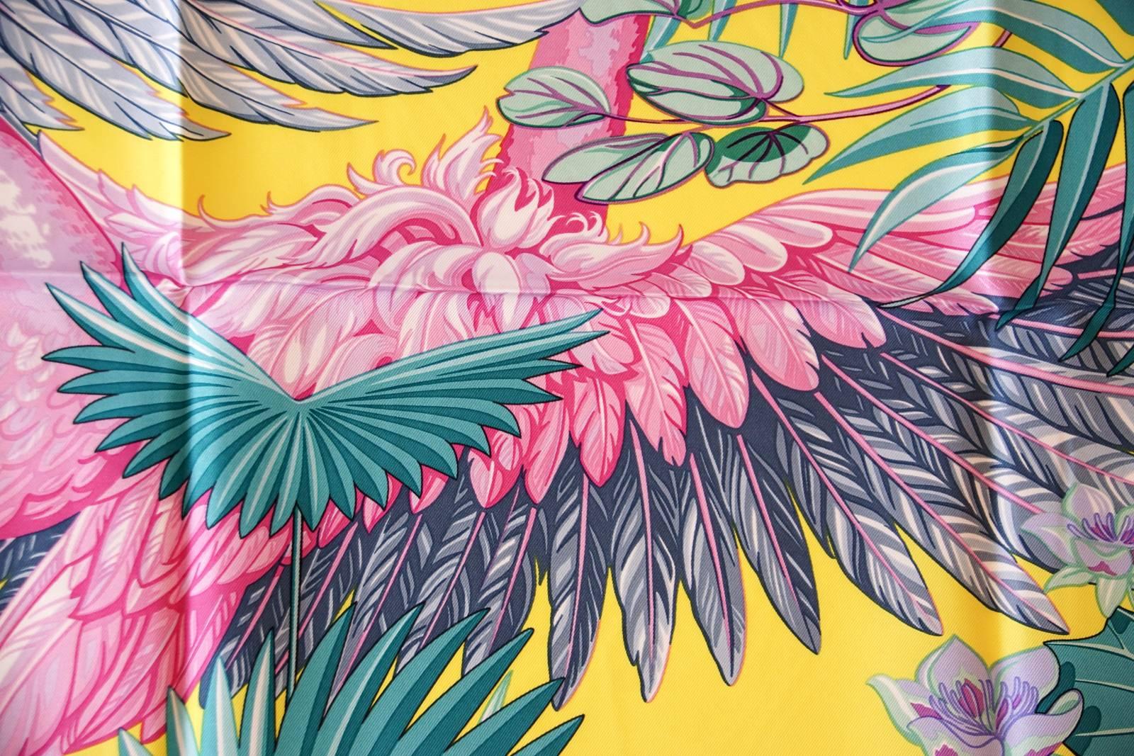 Hermes Flamingo Party Miami 90 cm Soie Edition Limitée Carre Foulard Bleu 5