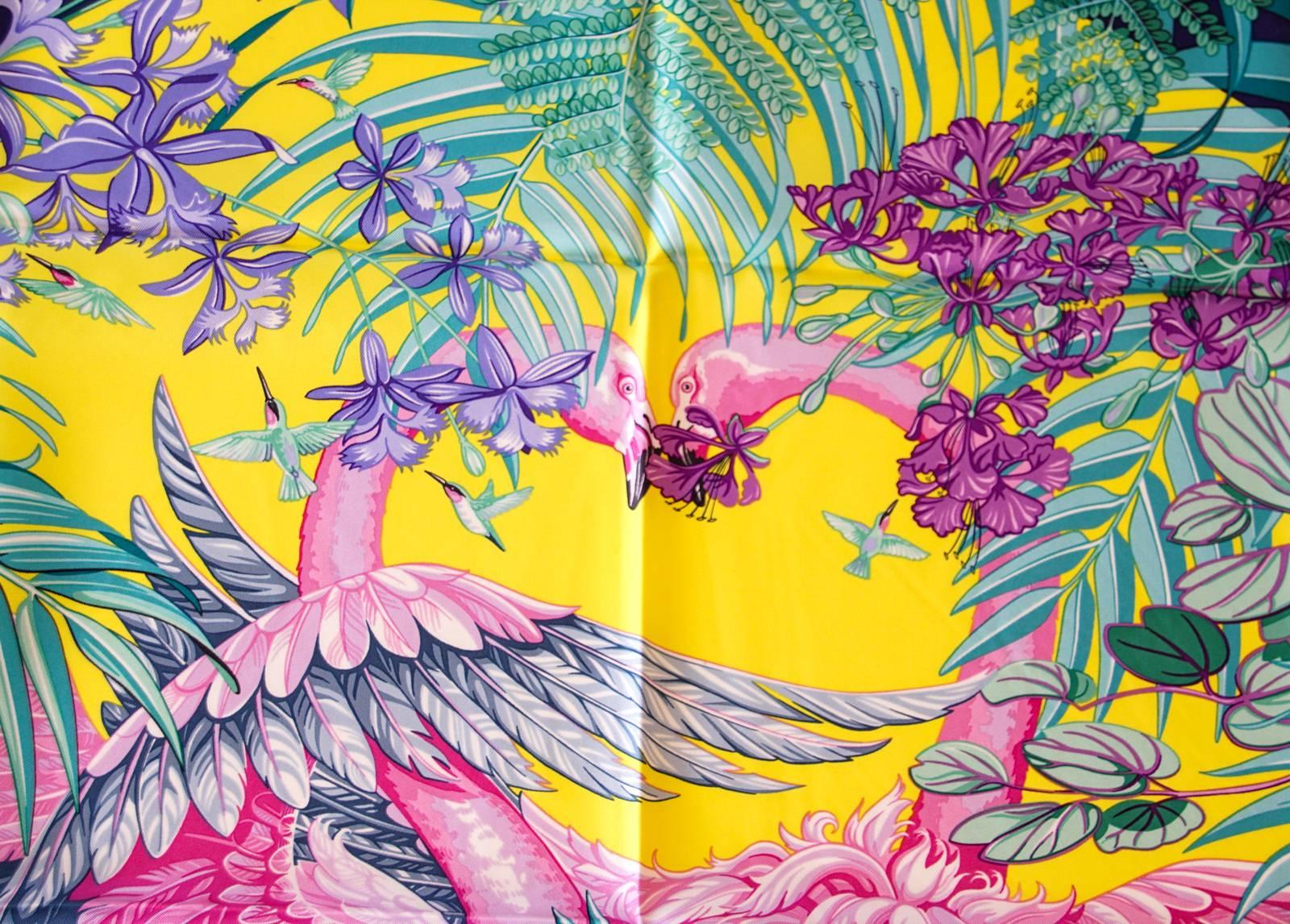 Hermes Flamingo Party Miami 90 cm Soie Edition Limitée Carre Foulard Bleu 3