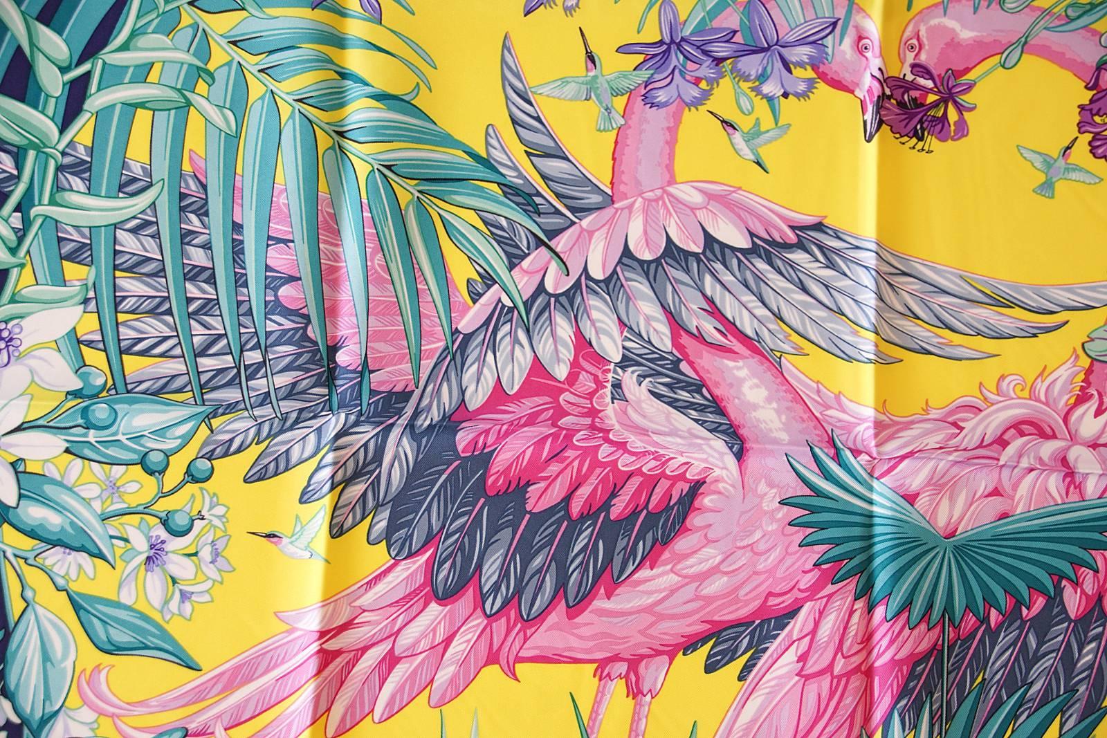 Hermes Flamingo Party Miami 90 cm Soie Edition Limitée Carre Foulard Bleu 2