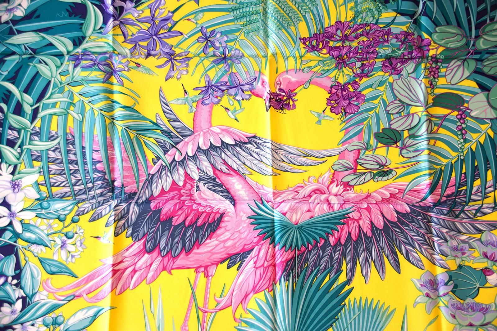 Hermes Flamingo Party Miami 90 cm Soie Edition Limitée Carre Foulard Bleu 6