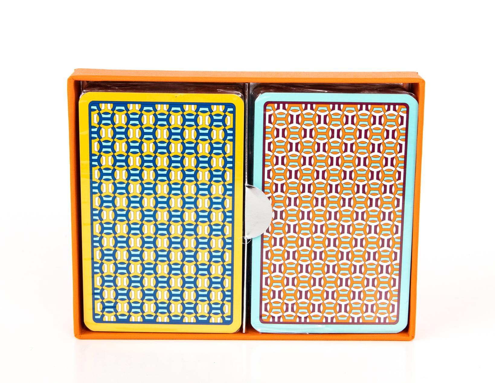 Guaranteed authentic Hermes set of playing cards in a fresh Chain de Ancre design. 
1 set is yellow and blue. The other is blue orange, purple and green. 
The cards are new and sealed. 
Comes with signature Hermes box.
Please visit mightykismet