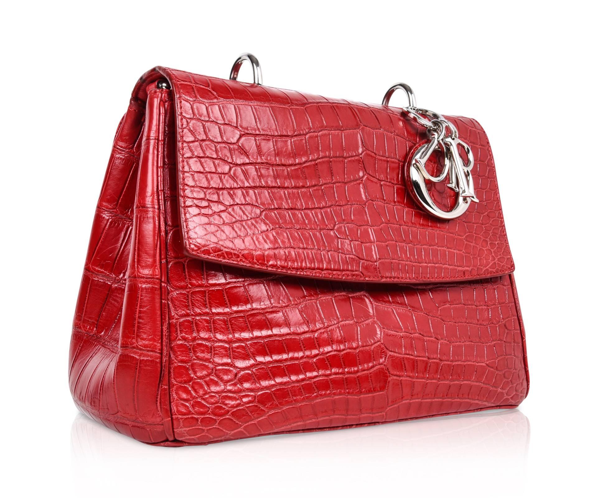Women's Christian Dior Be Dior Bag  Matte Red Crocodile Double Flap Small 