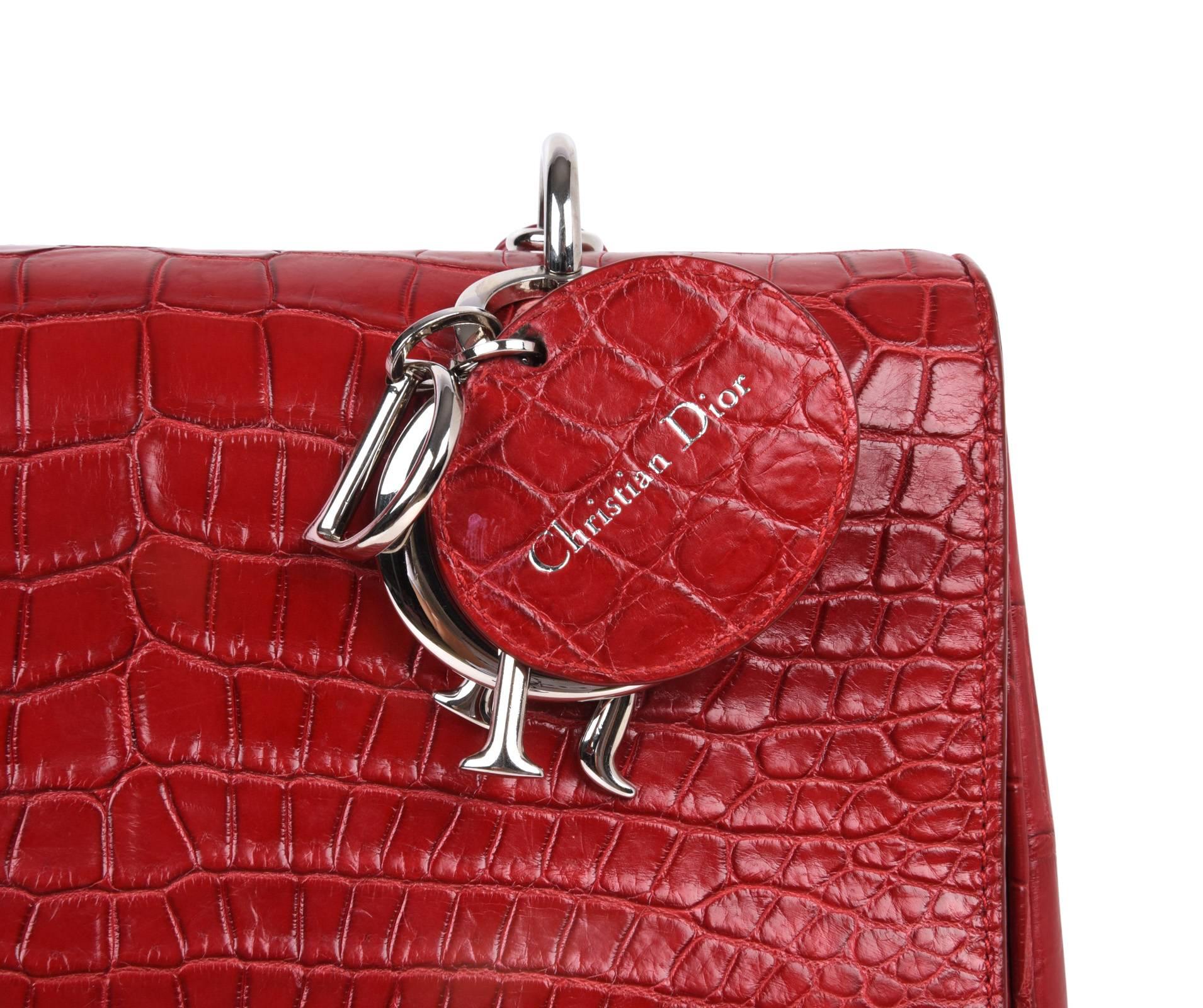 Christian Dior Be Dior Bag  Matte Red Crocodile Double Flap Small  In Excellent Condition In Miami, FL