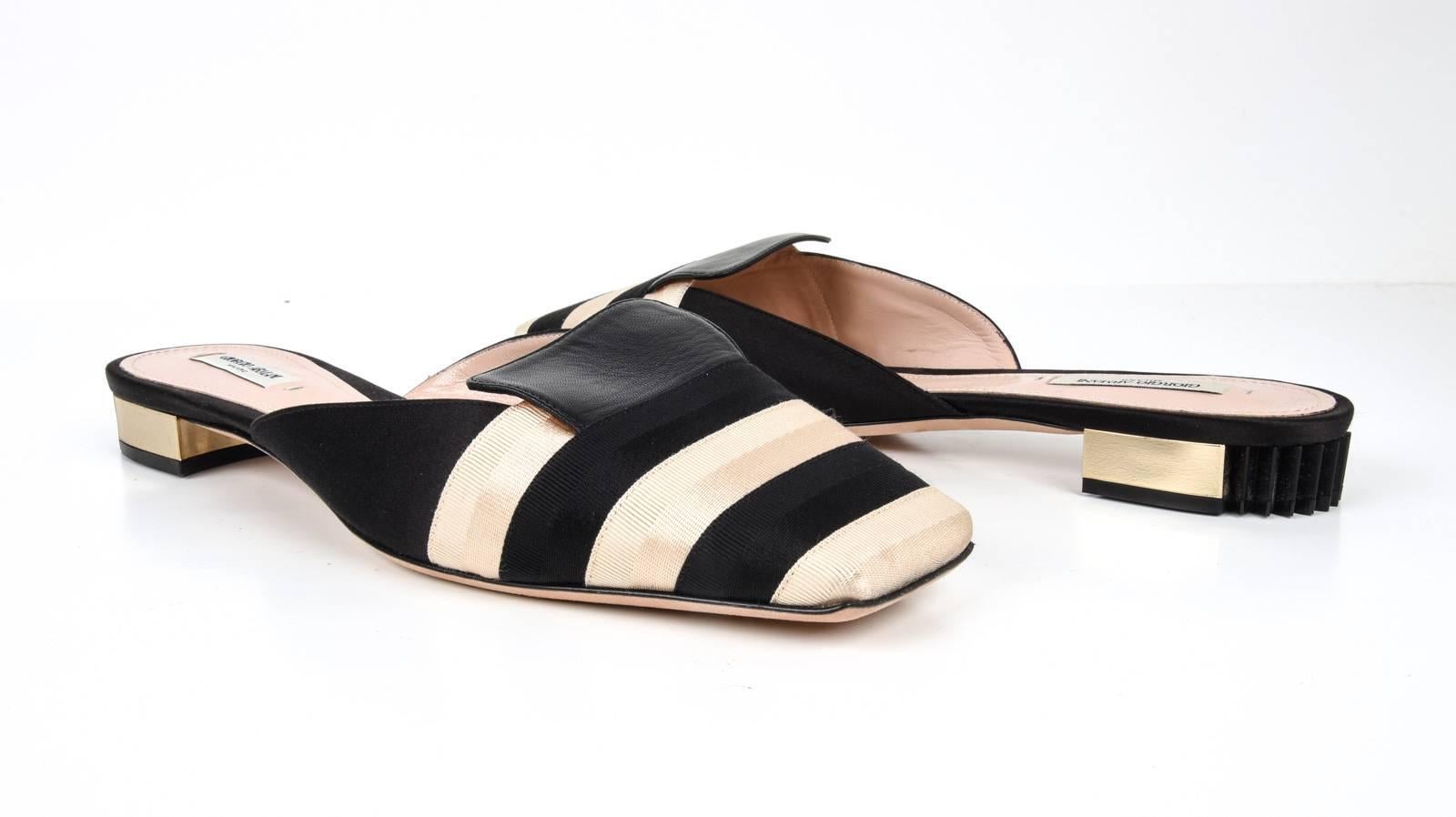 Women's Giorgio Armani Shoe Black Gold Striped Slide Beautiful Heel 40 / 10 New
