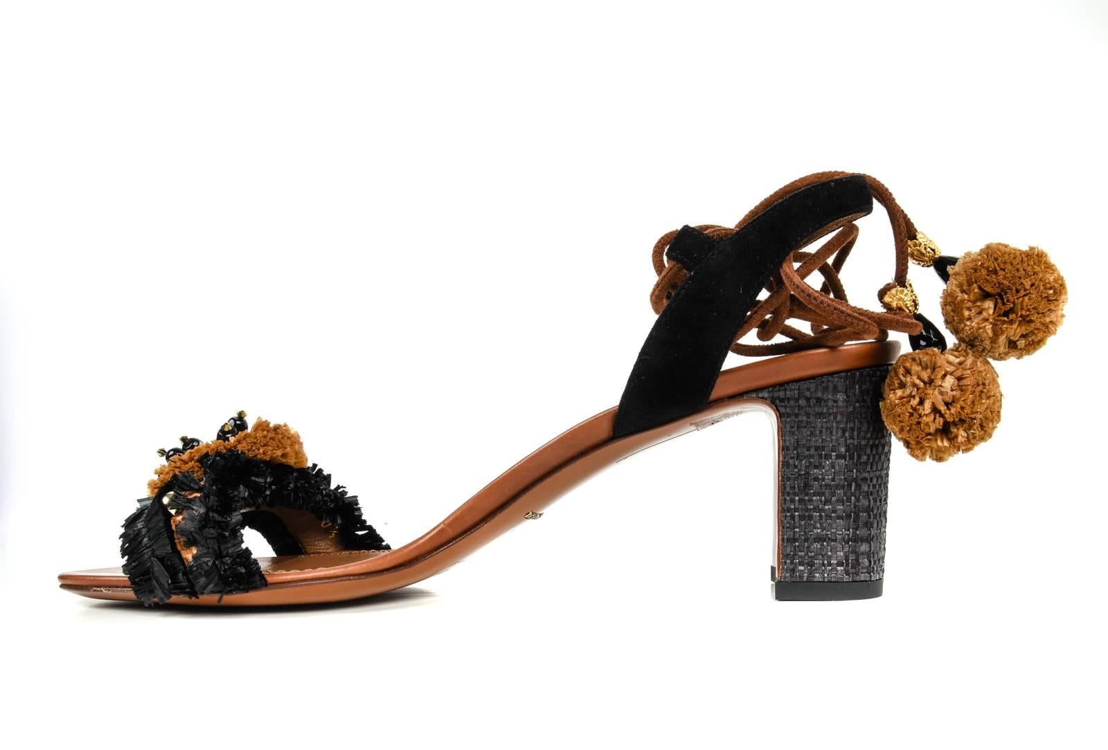 Dolce&Gabbana Shoe Rafia  Leather Ankle Tie Black  Camel 40.5 / 10.5 New  1