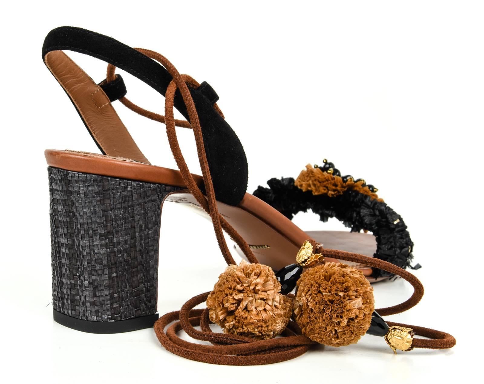 Women's Dolce&Gabbana Shoe Rafia  Leather Ankle Tie Black  Camel 40.5 / 10.5 New 
