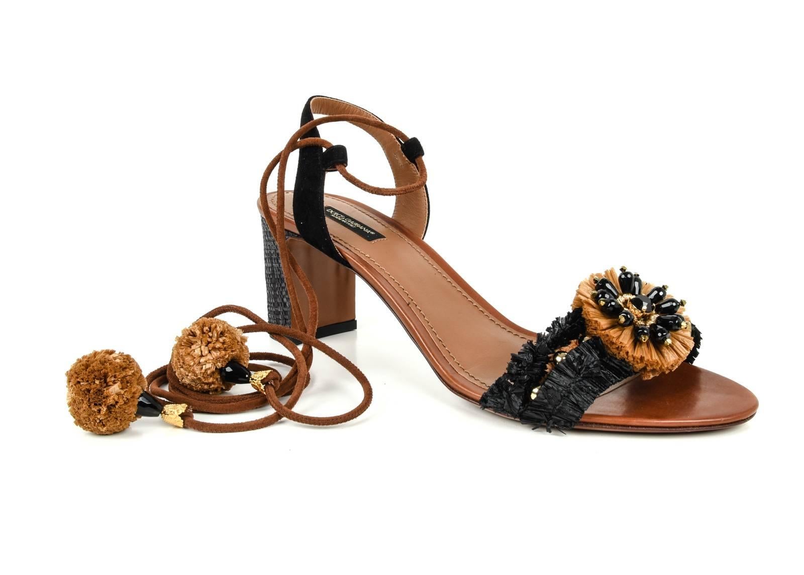 Dolce&Gabbana Shoe Rafia  Leather Ankle Tie Black  Camel 40.5 / 10.5 New  5
