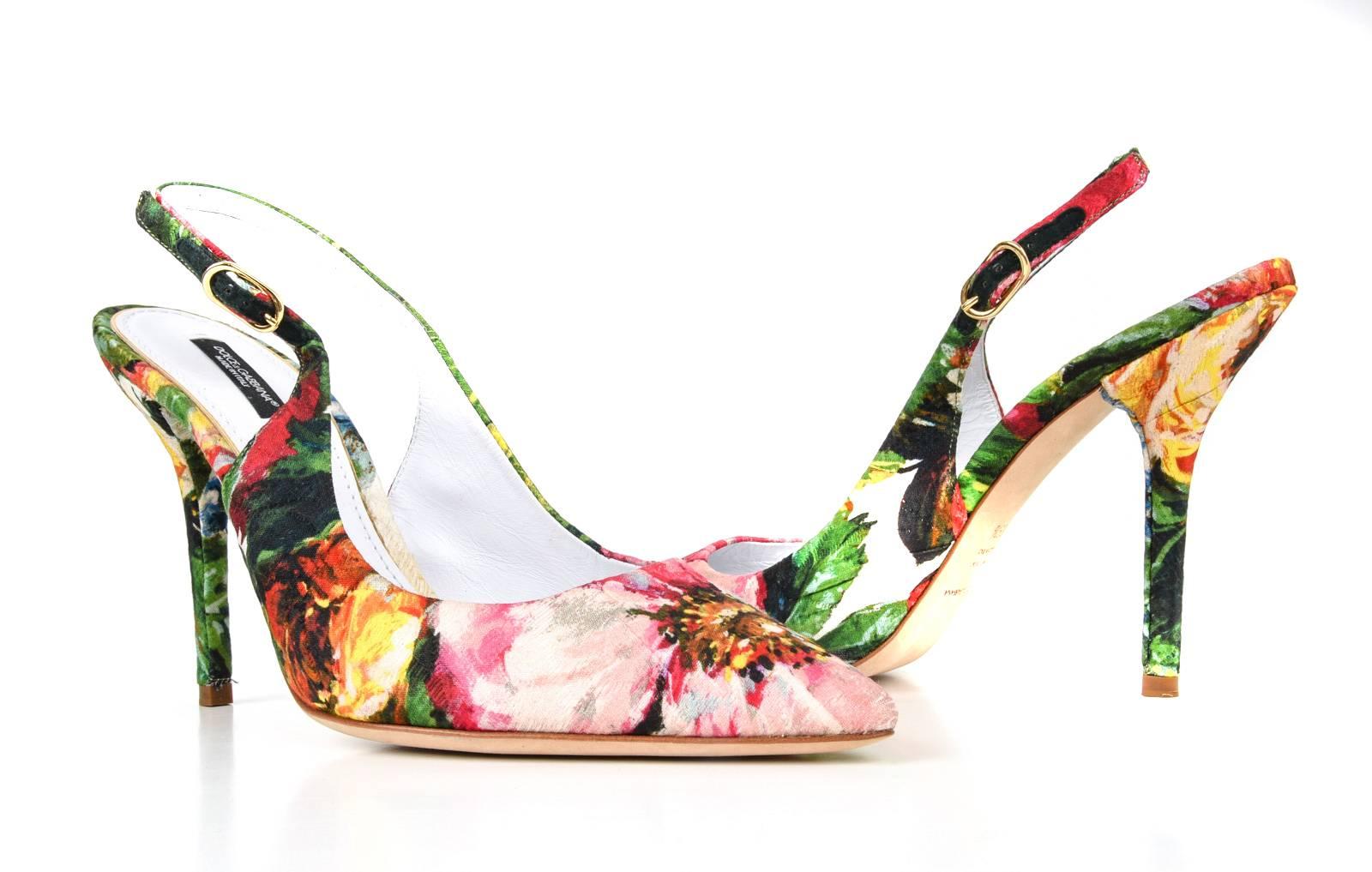 Dolce&Gabbana Shoe Exotic Flower Print on Brocade Textile Slingback 39.5 / 9.5 2