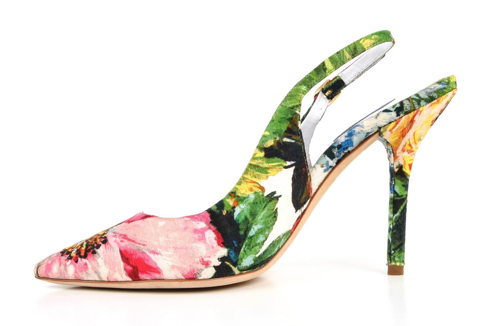 Women's Dolce&Gabbana Shoe Exotic Flower Print on Brocade Textile Slingback 39.5 / 9.5
