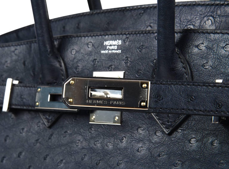 Hermès Birkin 25 Top Handle Bag In Bleu Indigo Ostrich With Rose