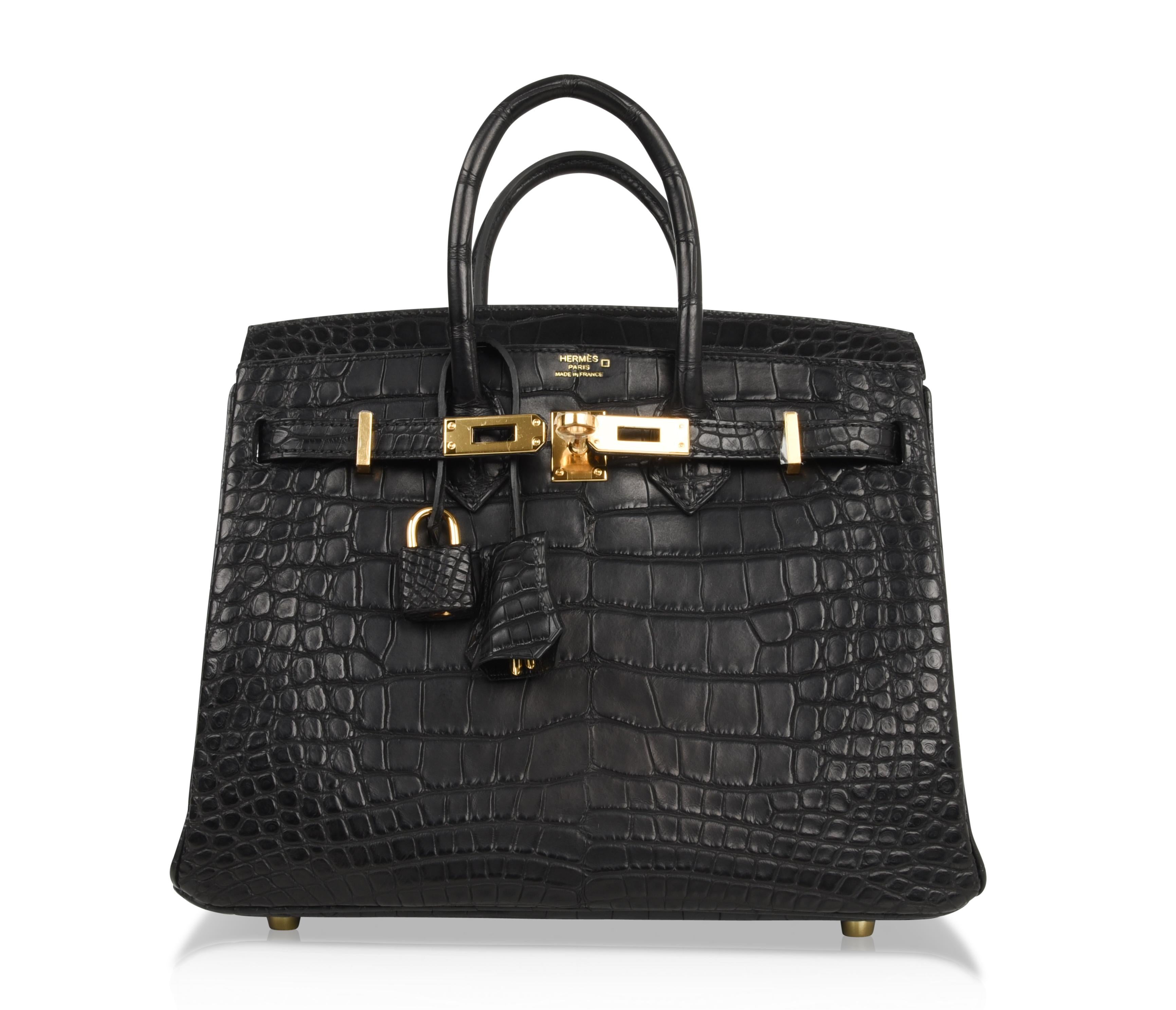 Hermès - Sac Birkin 25 noir mat en alligator avec accessoires dorés 3