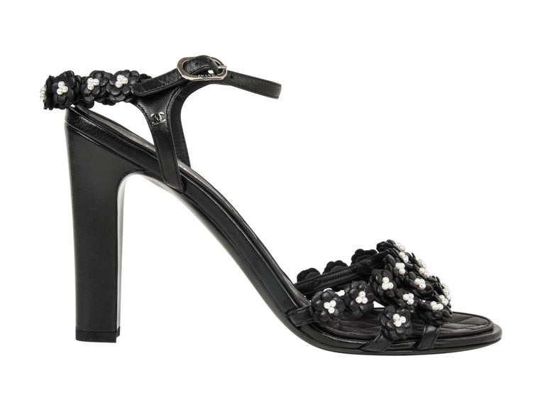 Chanel Shoe Camellia Black Leather Flowers w/ Pearls Sandal 40 / 10 New ...