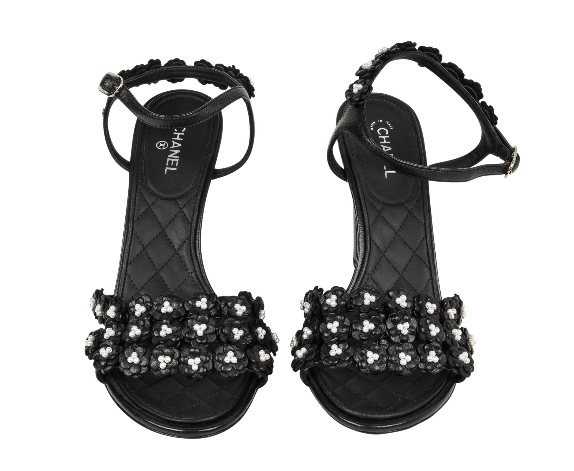 Chanel Shoe Camellia Black Leather Flowers w/ Pearls Sandal 40 / 10 New at 1stDibs chanel