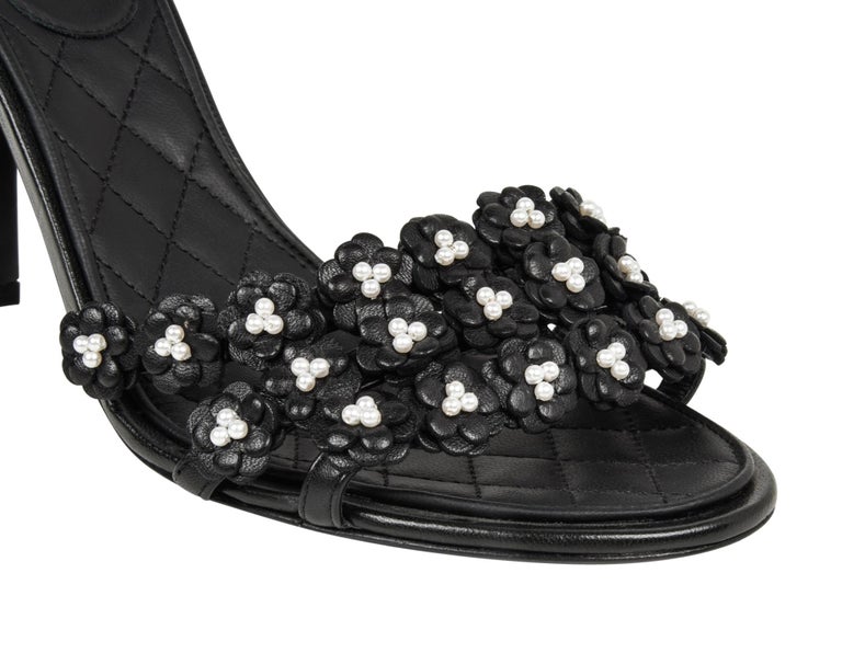 Chanel Shoe Camellia Black Leather Flowers w/ Pearls Chanel Shoe Camellia Black Leather Flowers w/ Pearls