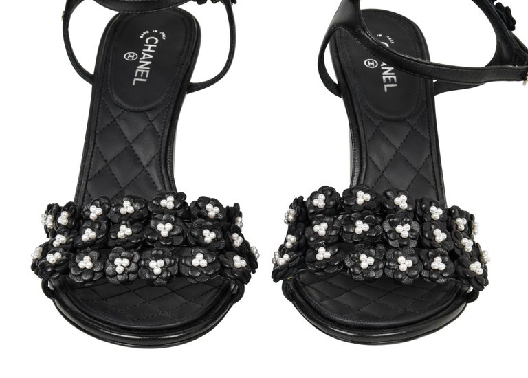 Chanel Shoe Camellia Black Leather Flowers w/ Pearls