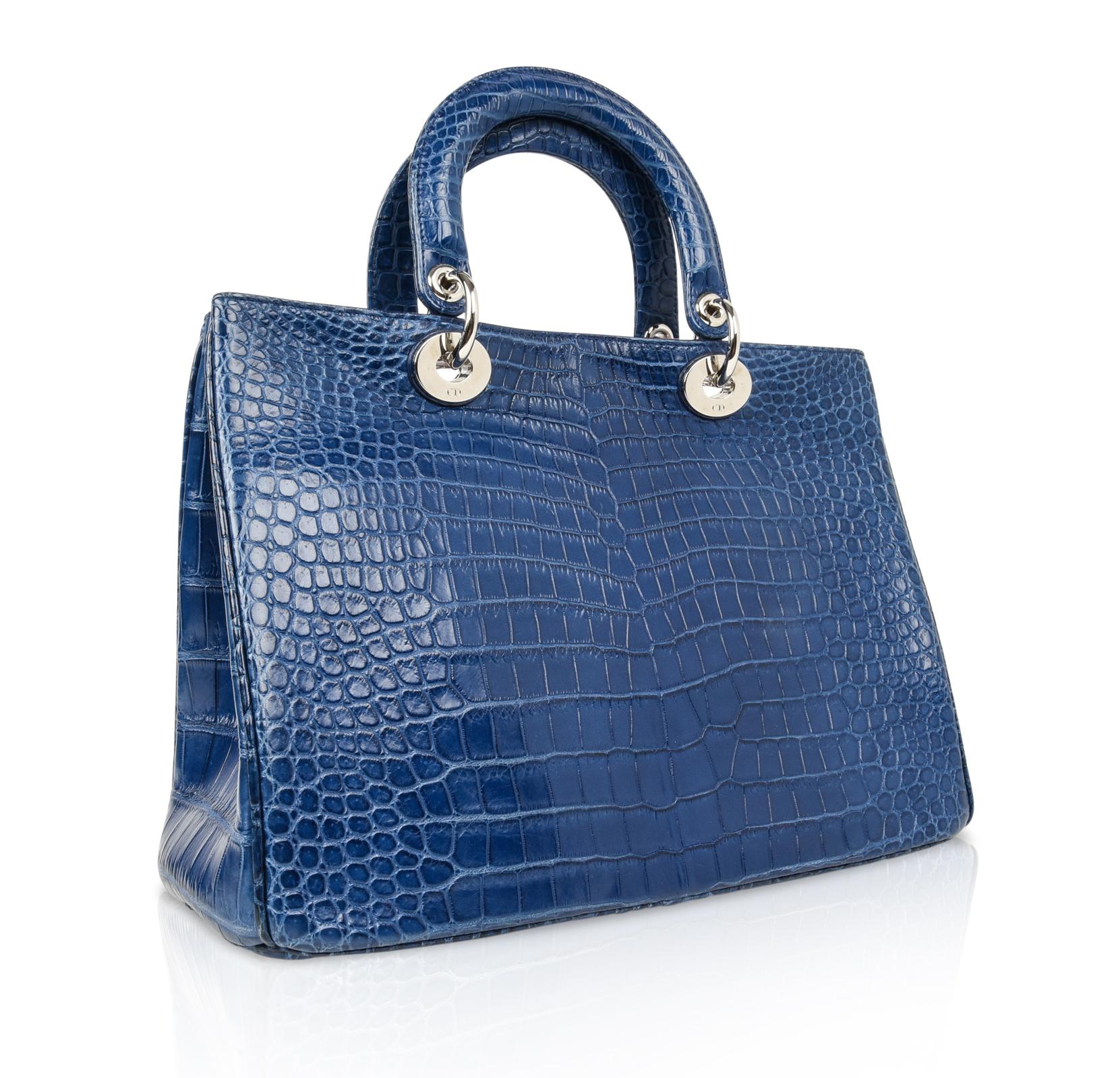 Women's Christian Dior Bag Diorissimo Matte Blue Bi Color Crocodile Tote Medium