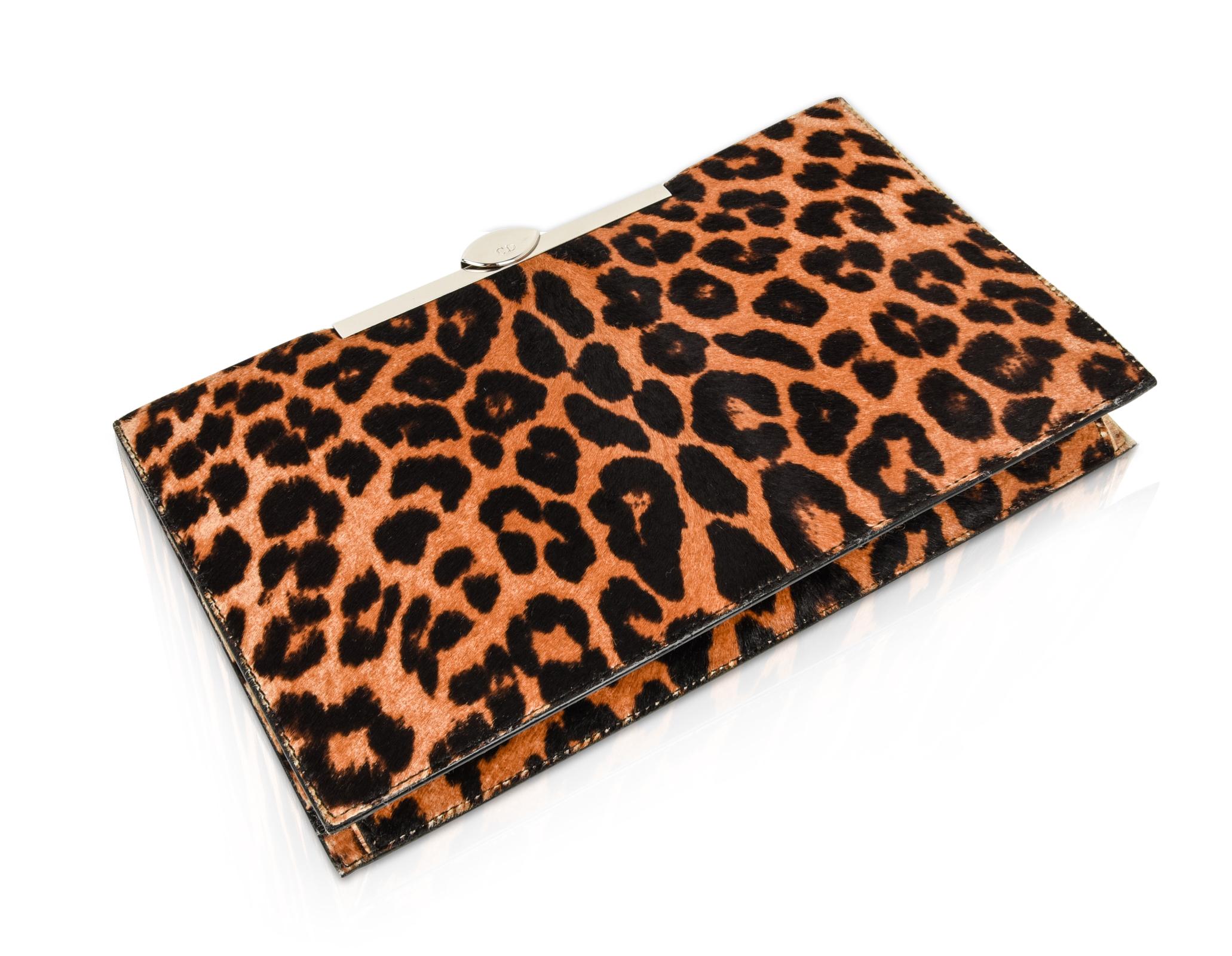 Women's Christian Dior Bag Clutch Leopard Print Pony Top Frame Sleek