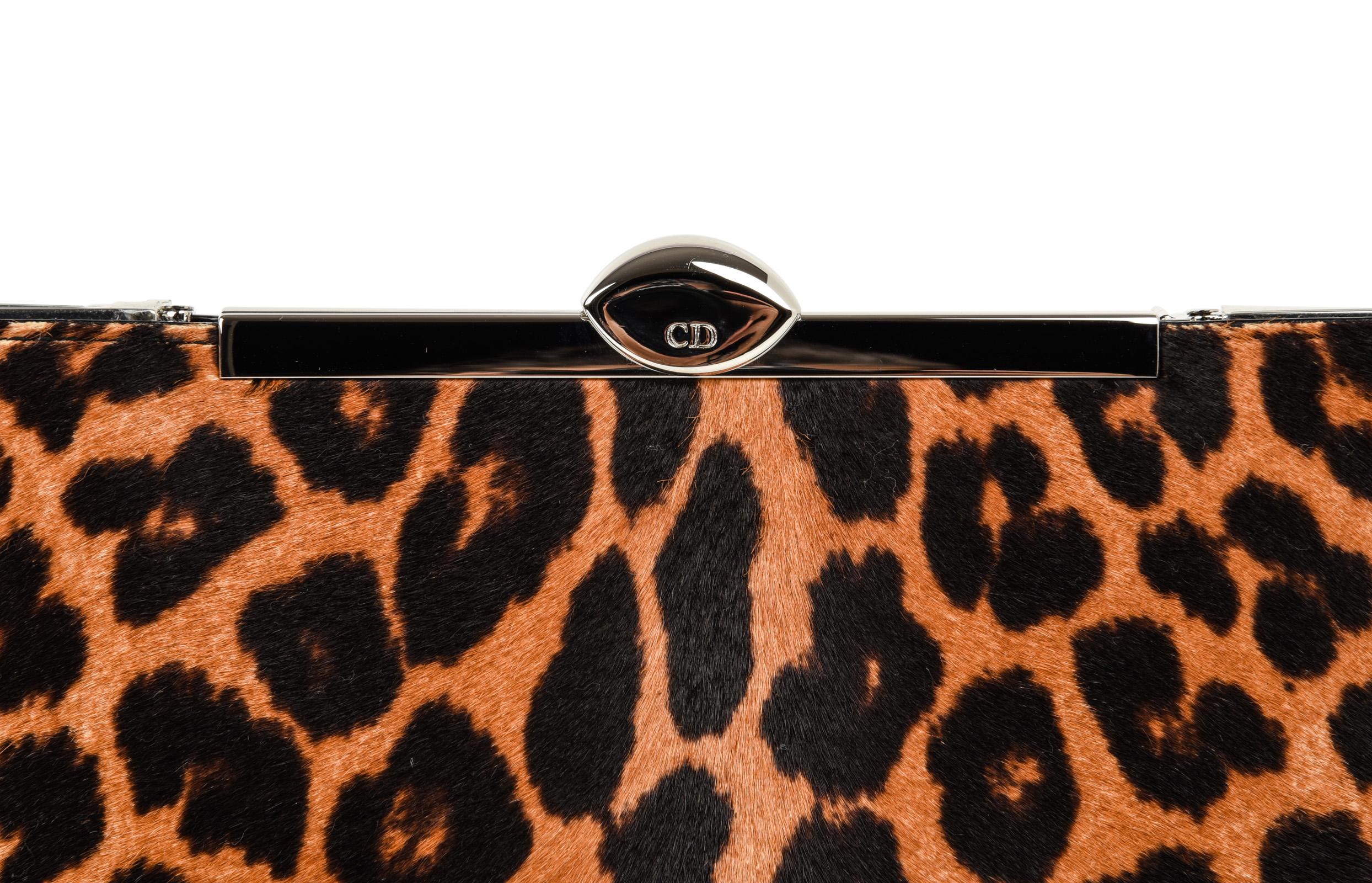 Christian Dior Bag Clutch Leopard Print Pony Top Frame Sleek In Excellent Condition In Miami, FL
