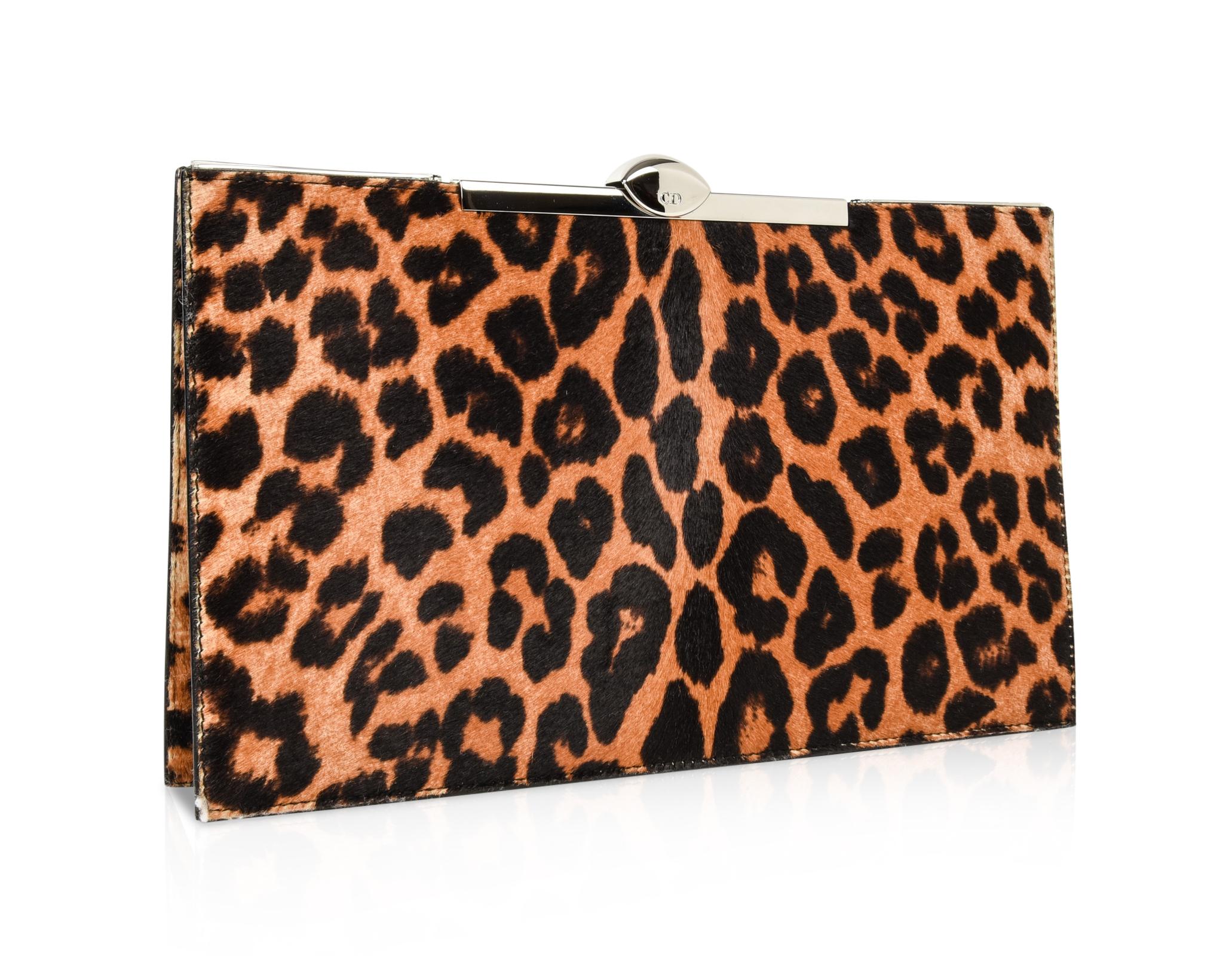 Black Christian Dior Bag Clutch Leopard Print Pony Top Frame Sleek