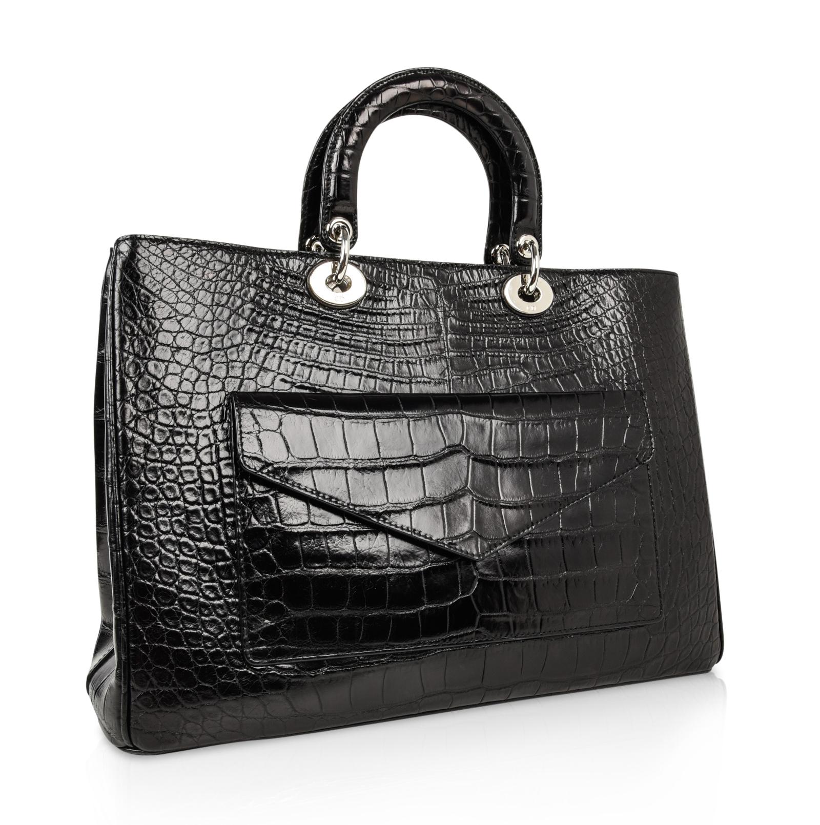 Women's Christian Dior Bag Diorissimo Pocket Matte Black Crocodile Tote Shoulder Strap 