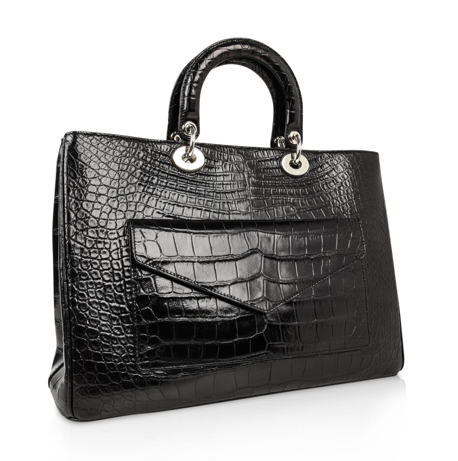 Women's Christian Dior Bag Diorissimo Pocket Matte Black Crocodile Tote Shoulder Strap