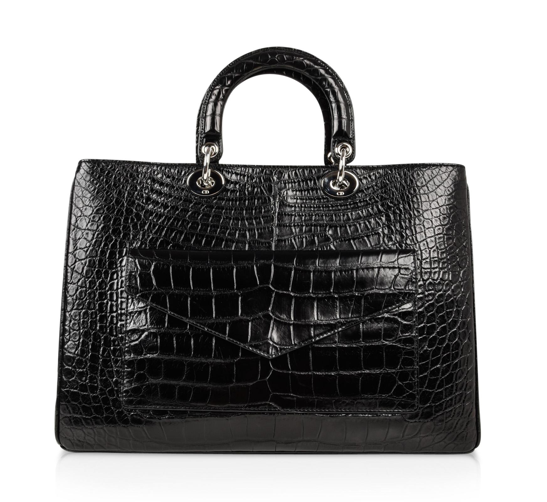 Christian Dior Bag Diorissimo Pocket Matte Black Crocodile Tote Shoulder Strap  2