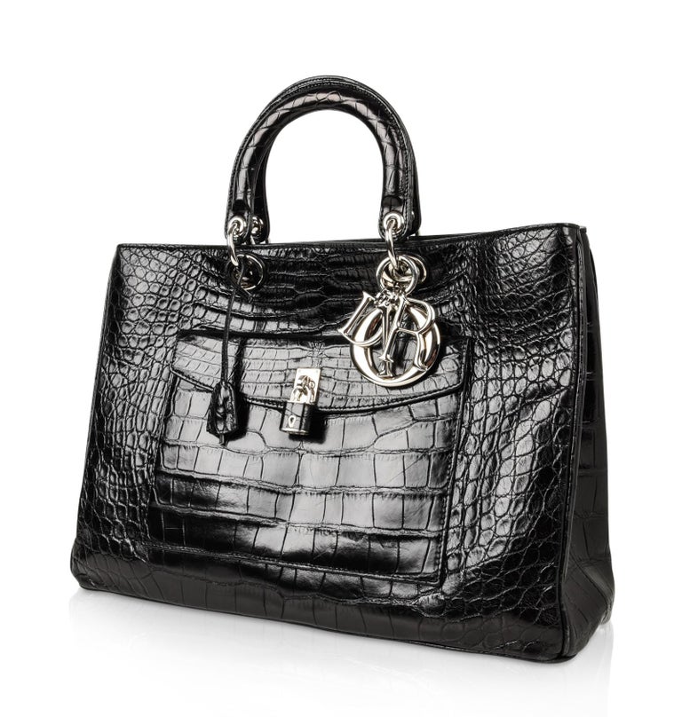 Christian Dior Bag Diorissimo Pocket Matte Black Crocodile Tote Shoulder Strap For Sale at 1stdibs