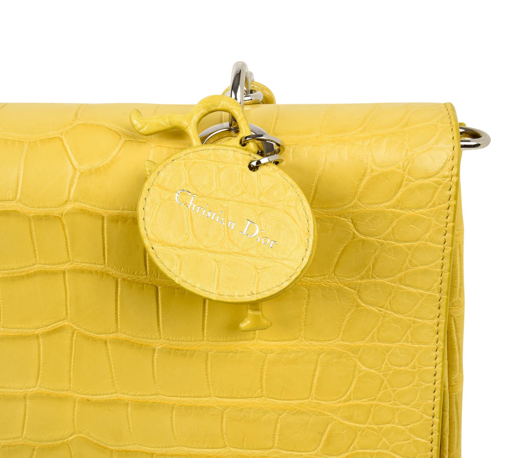 Christian Dior Be Dior Bag Matte Yellow Crocodile Double Flap  Medium In Good Condition In Miami, FL