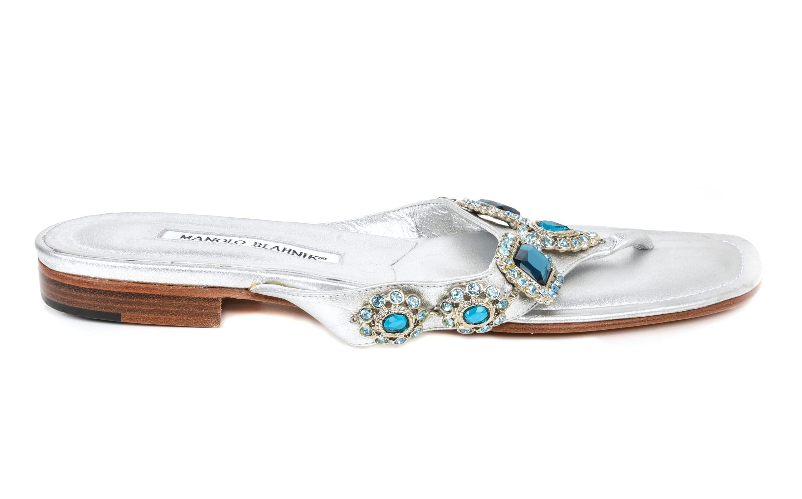 Manolo Blahnik Shoe Silver Thong Sandal w Aqua Diamantes 40 / 10 3