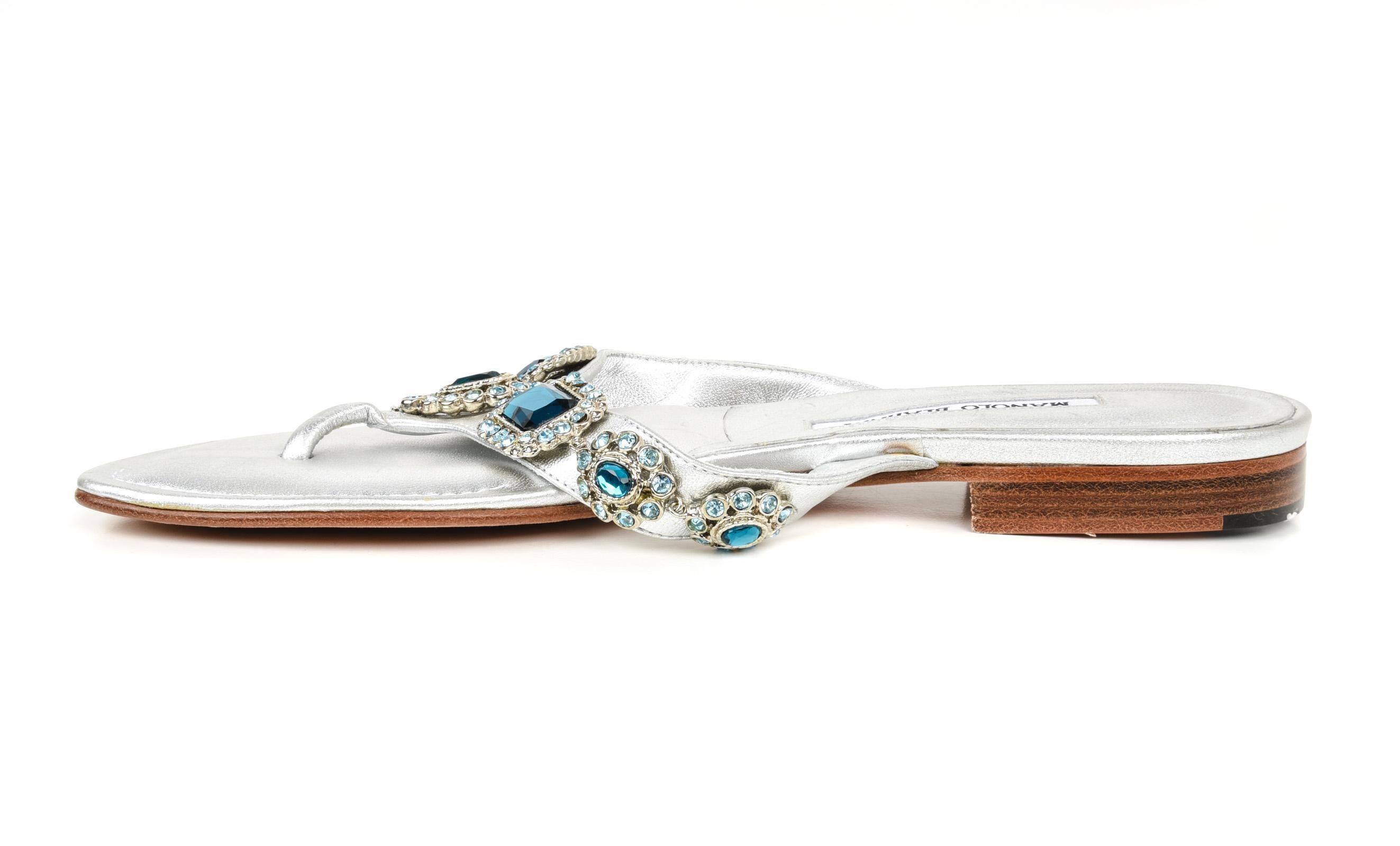Manolo Blahnik Shoe Silver Thong Sandal w Aqua Diamantes 40 / 10 1