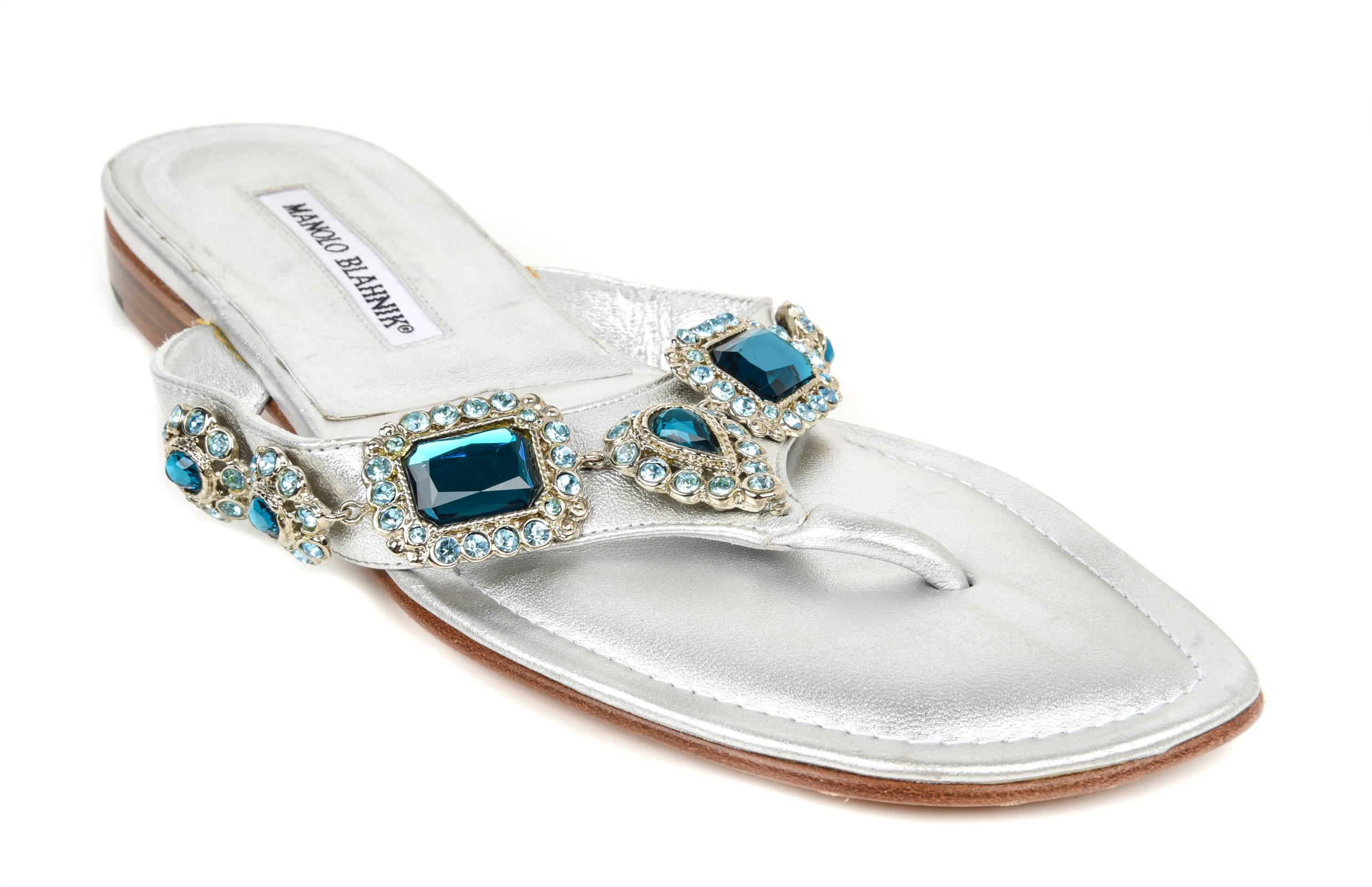 Manolo Blahnik Shoe Silver Thong Sandal w Aqua Diamantes 40 / 10 2