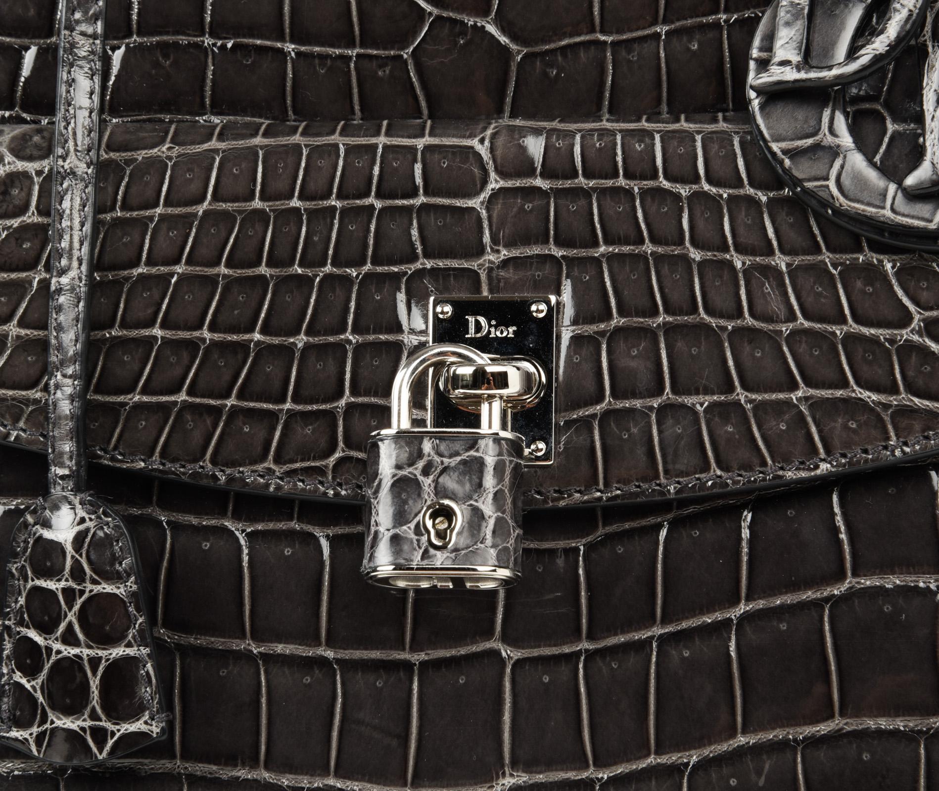 Christian Dior Lady Dior Front Pocket Gray Crocodile Bag With Shoulder Strap 1