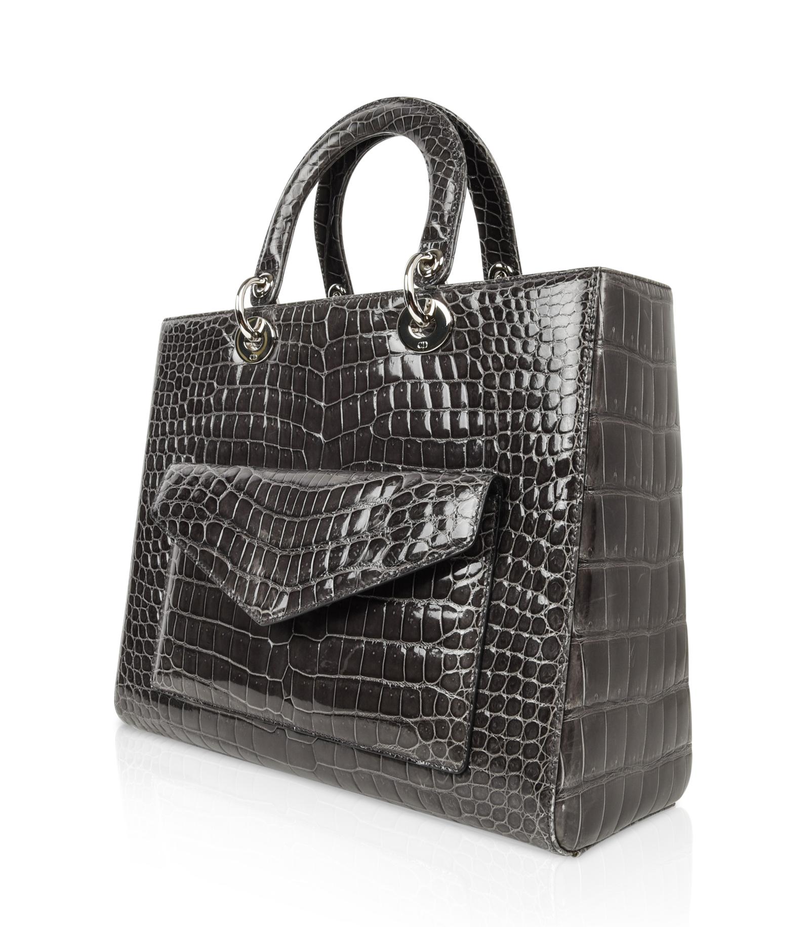 Women's Christian Dior Lady Dior Front Pocket Gray Crocodile Bag With Shoulder Strap