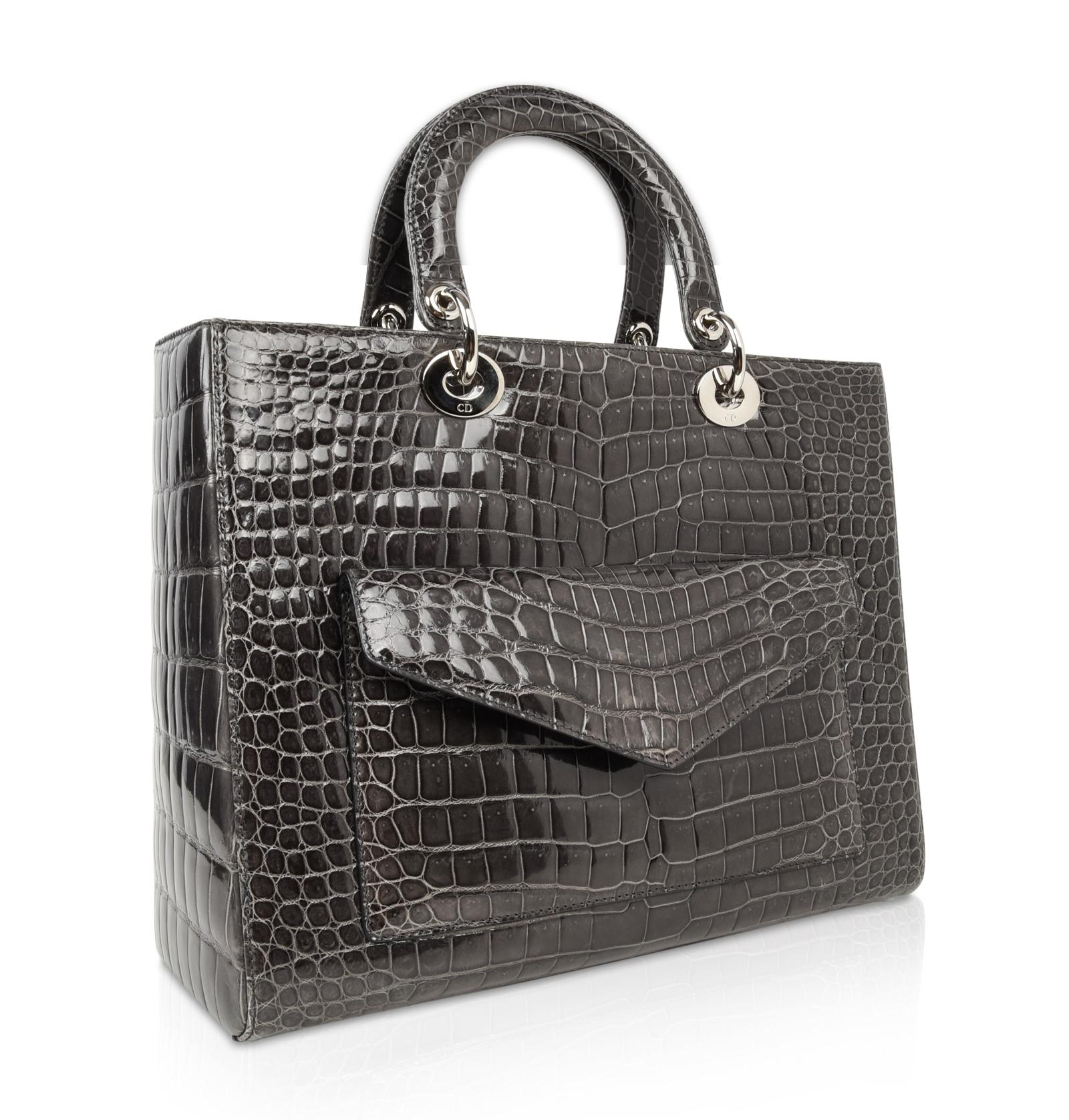 Christian Dior Lady Dior Front Pocket Gray Crocodile Bag With Shoulder Strap 3