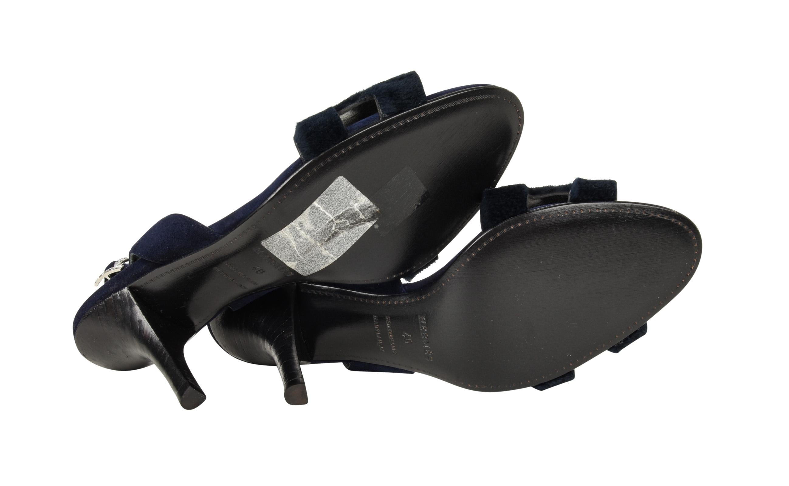 Hermes Shoe Navy Slingback Suede and Sheared Bison 40 / 10 New  In New Condition In Miami, FL