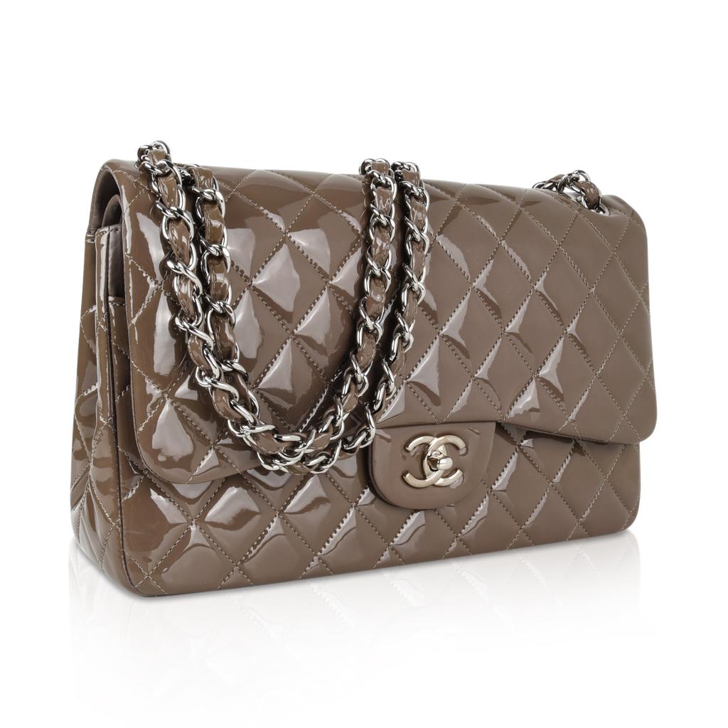 taupe patent leather handbag