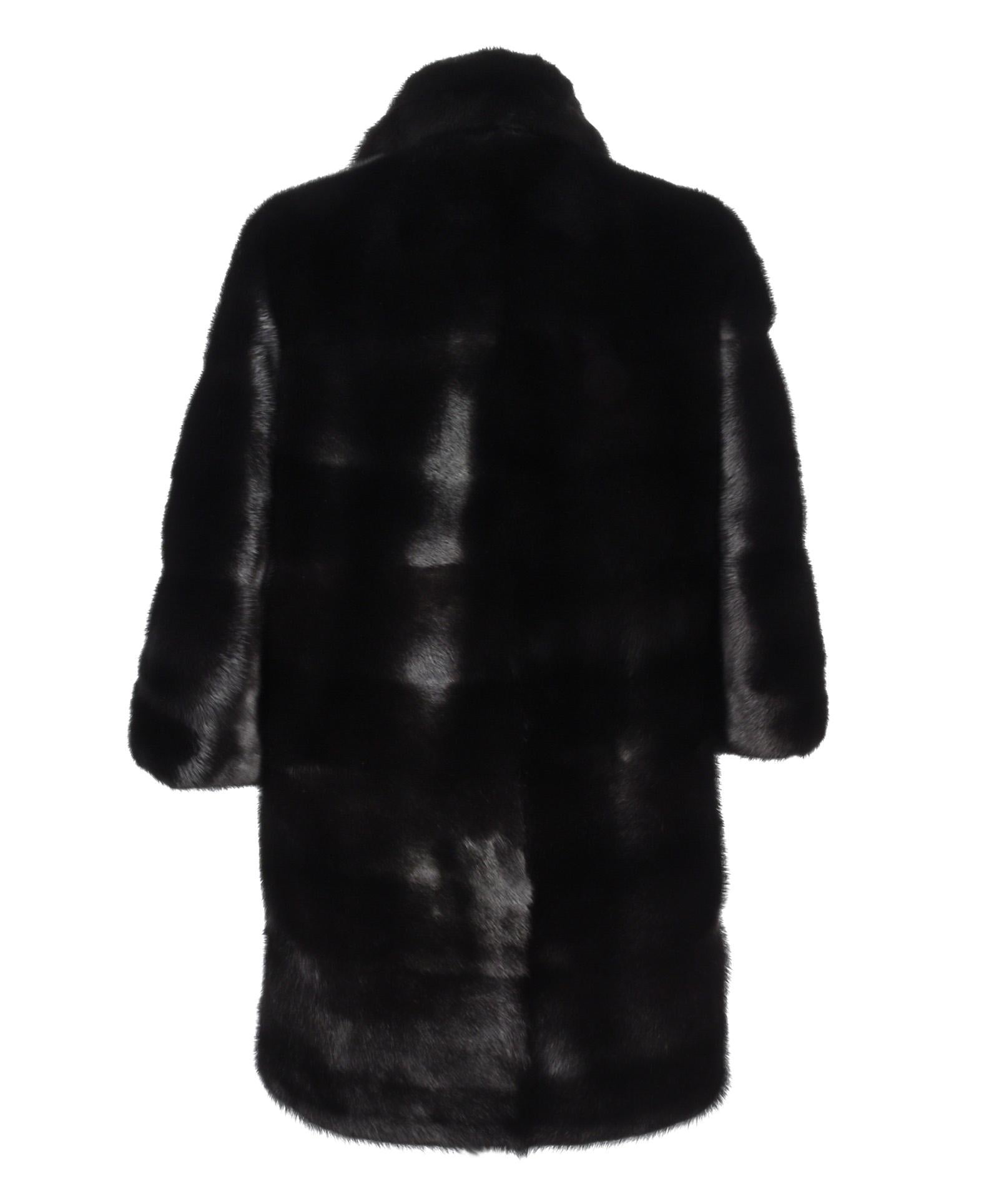 Women's Gucci Coat Black Glossy Mink 3/4 Sleeve Knee Length 42 / Fits 6 to 8 New