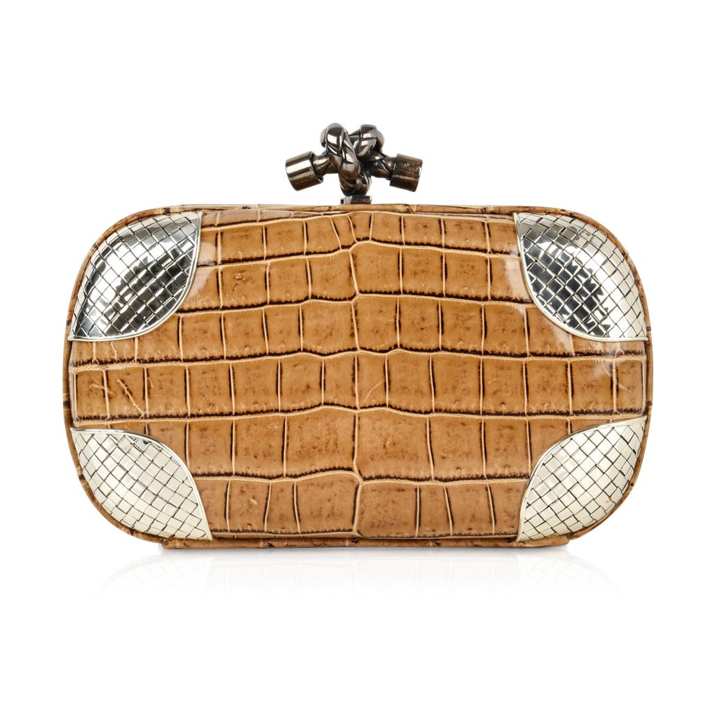 Brown Bottega Veneta Bag Knot Crocodile Clutch Woven Silver Details