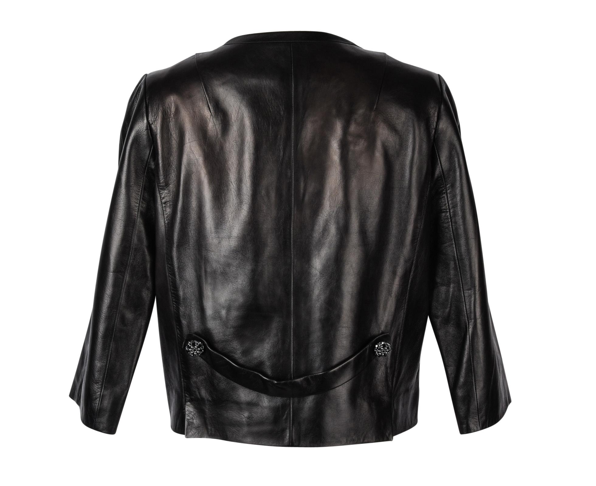 Louis Vuitton Jacket Black Leather Jeweled Buttons Floral Lining 42 / 8 2