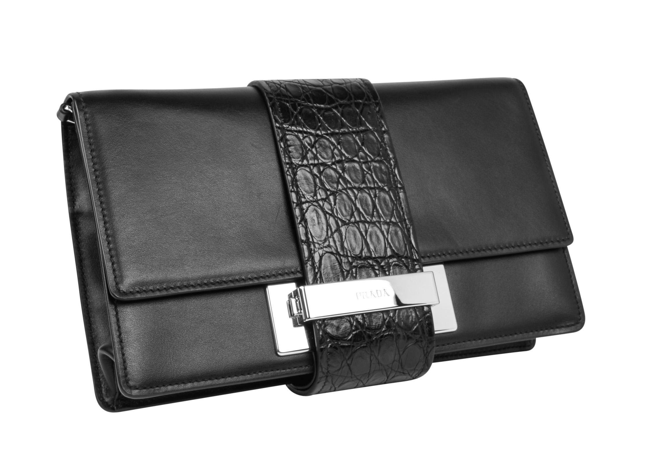 Prada Bag Plex Ribbon Clutch / Shoulder Black w/ Crocodile and Leather Ribbon In New Condition In Miami, FL