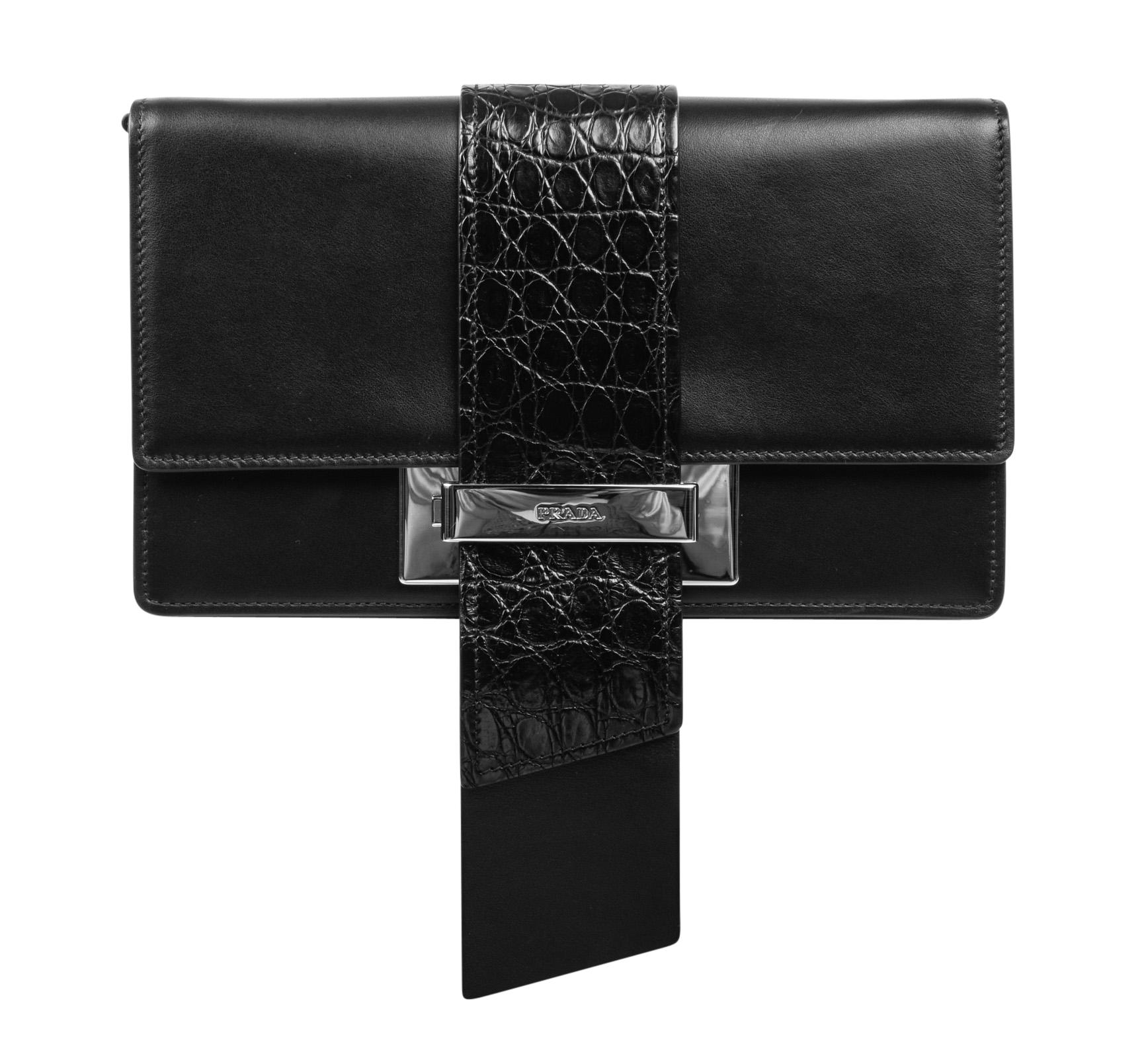 Prada Bag Plex Ribbon Clutch / Shoulder Black w/ Crocodile and Leather Ribbon 1