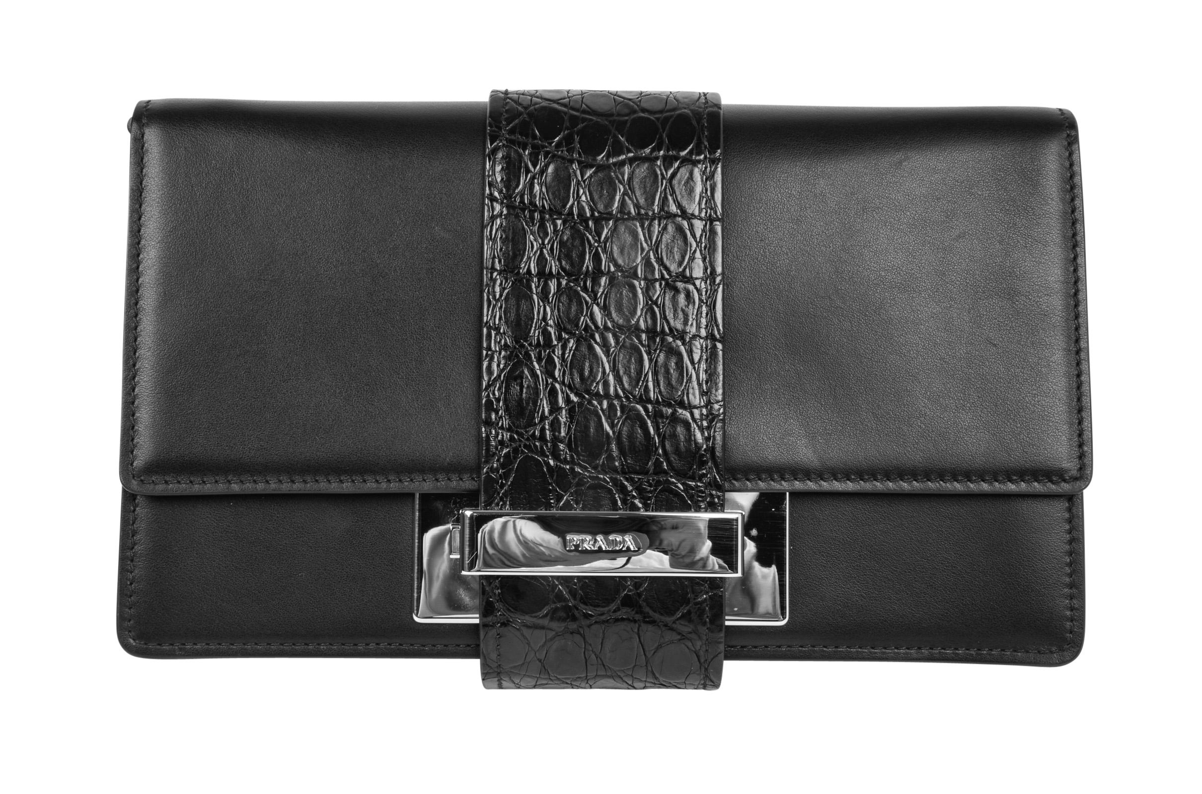 Women's Prada Bag Plex Ribbon Clutch / Shoulder Black w/ Crocodile and Leather Ribbon