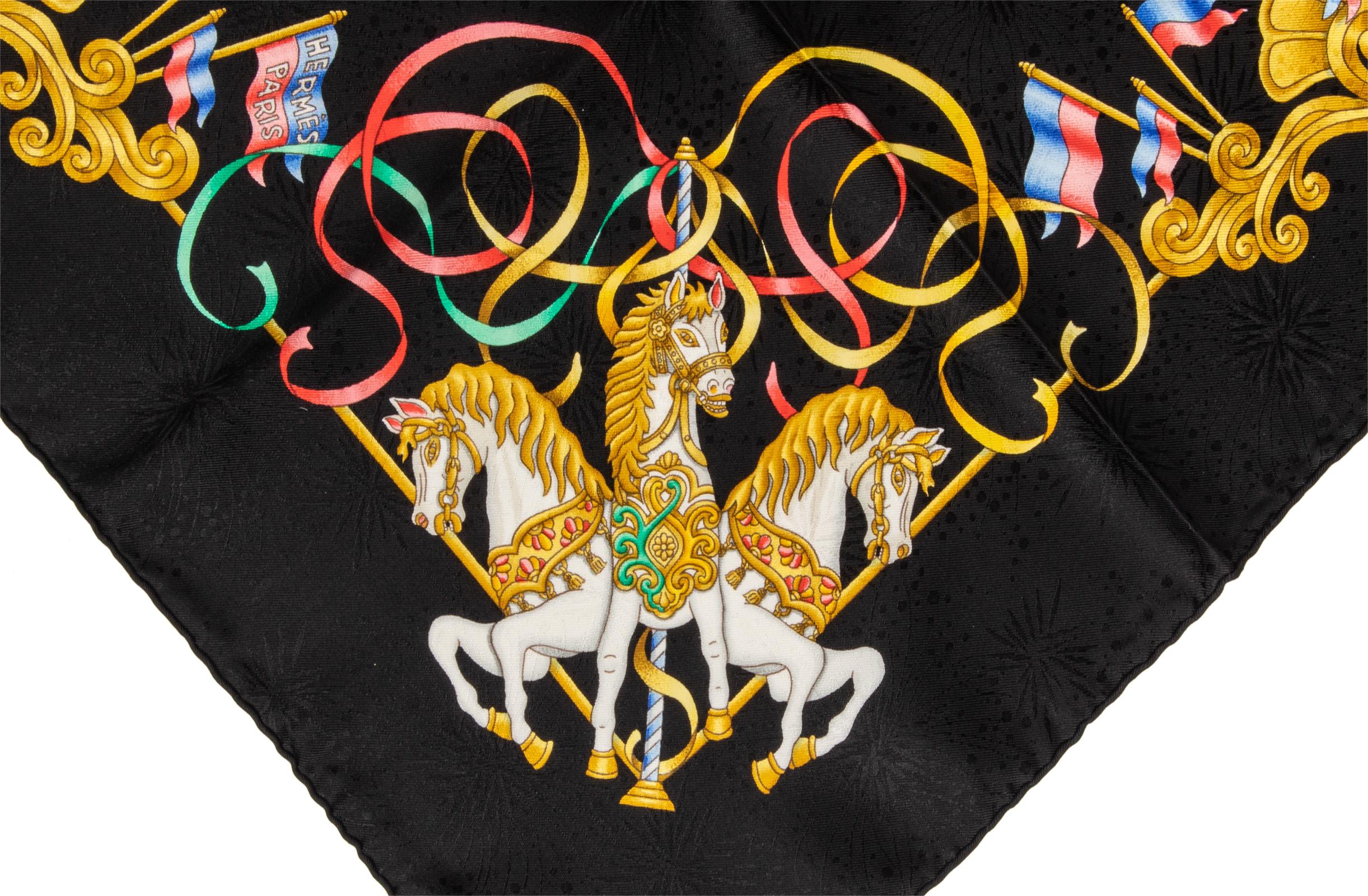 Black Hermes Scarf Carre Vintage Silk Rich Luna Park Signed J. Metz