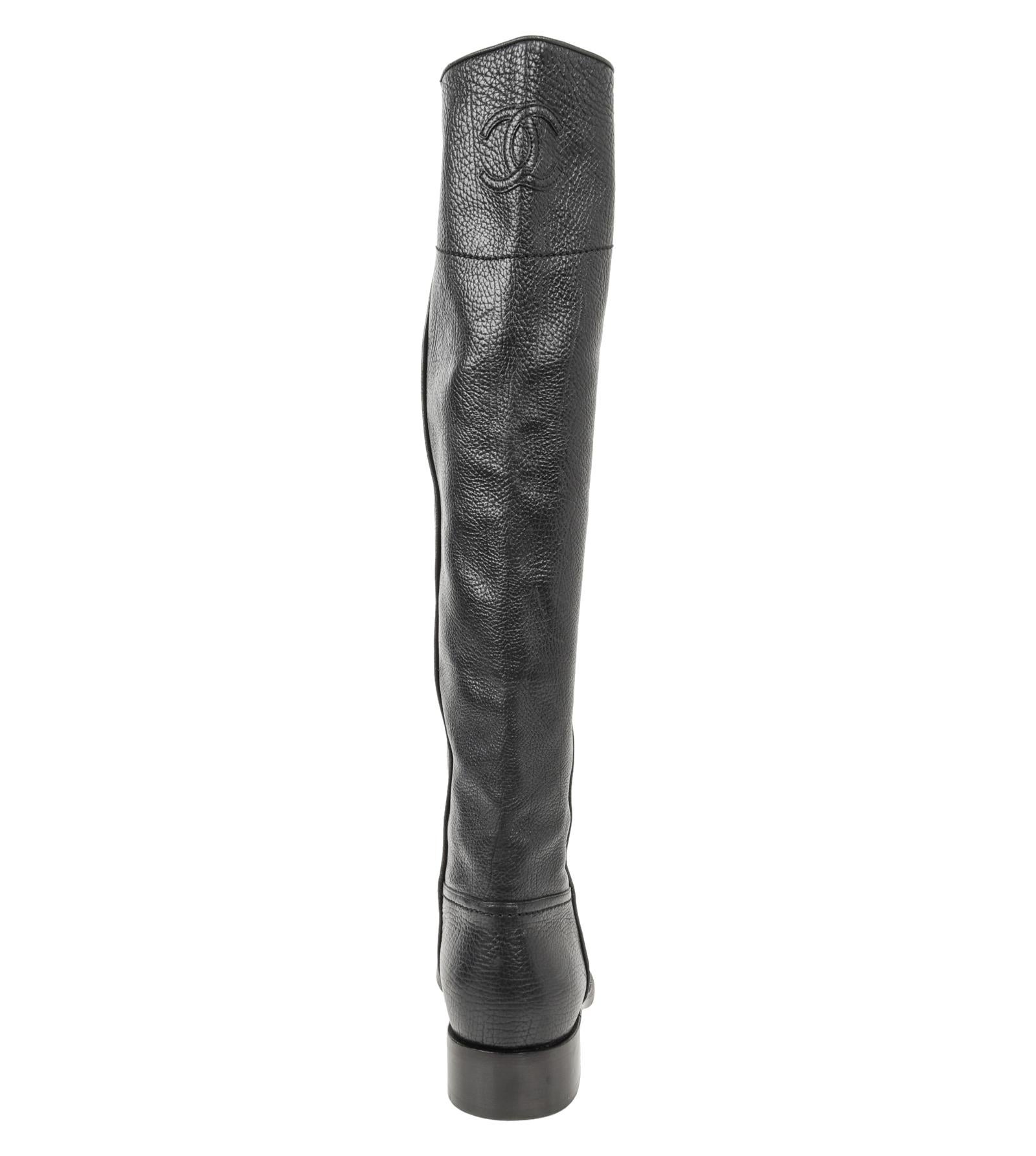 Chanel Boot Black Textured Leather Flat Knee High CC Logo 39.5 / 9.5 3