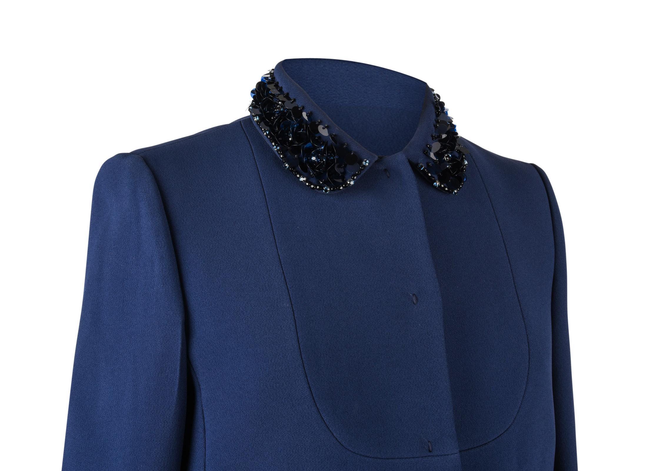 Women's Miu Miu Jacket Navy Embellished Collar / Pockets 3/4 Sleeve 42