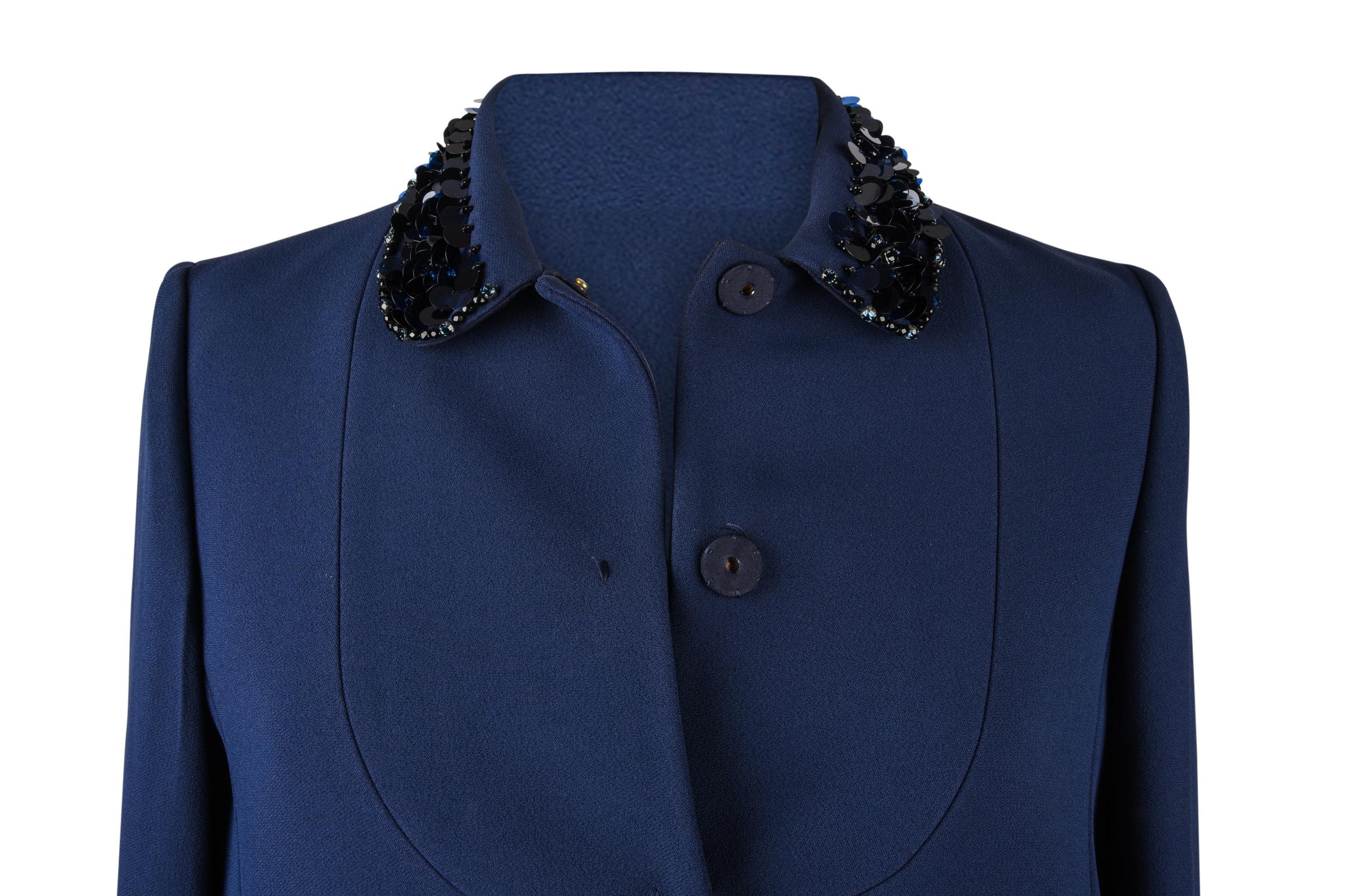 Miu Miu Jacket Navy Embellished Collar / Pockets 3/4 Sleeve 42 In Excellent Condition In Miami, FL