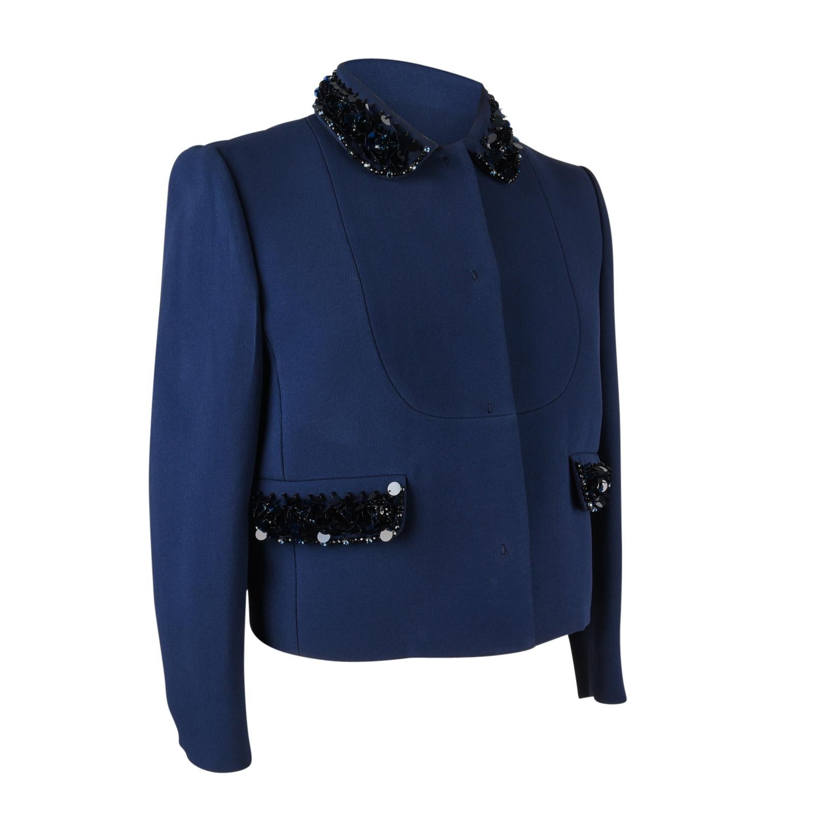 Miu Miu Jacket Navy Embellished Collar / Pockets 3/4 Sleeve 42 1