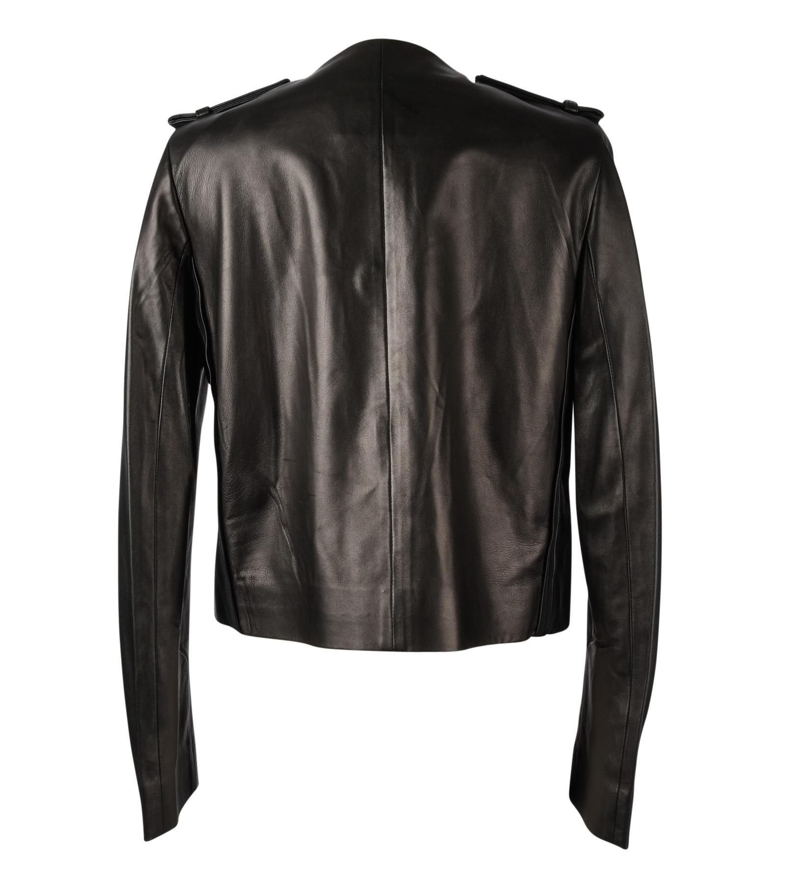 Prada Jacket Black Lambskin Grosgrain Epaulets 42 / 8 Mint In Excellent Condition In Miami, FL