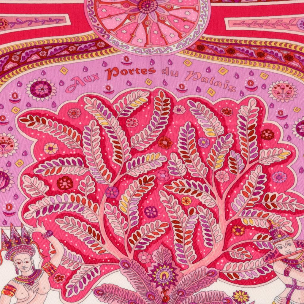 
Guaranteed authentic Hermes GM shawlscarf 140cm in the coveted Aux Portes Du Palais print.
Highly collectible print large cashmere and silk shawl.
In shades of pink.
Extremely intricate and resplendent with plants and animals this East Indian print