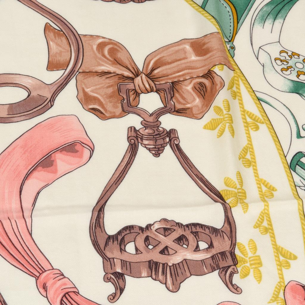 Beige Hermes Scarf  Shawl Duo d'Etriers Cashmere and Silk 140cm Equestrian Print